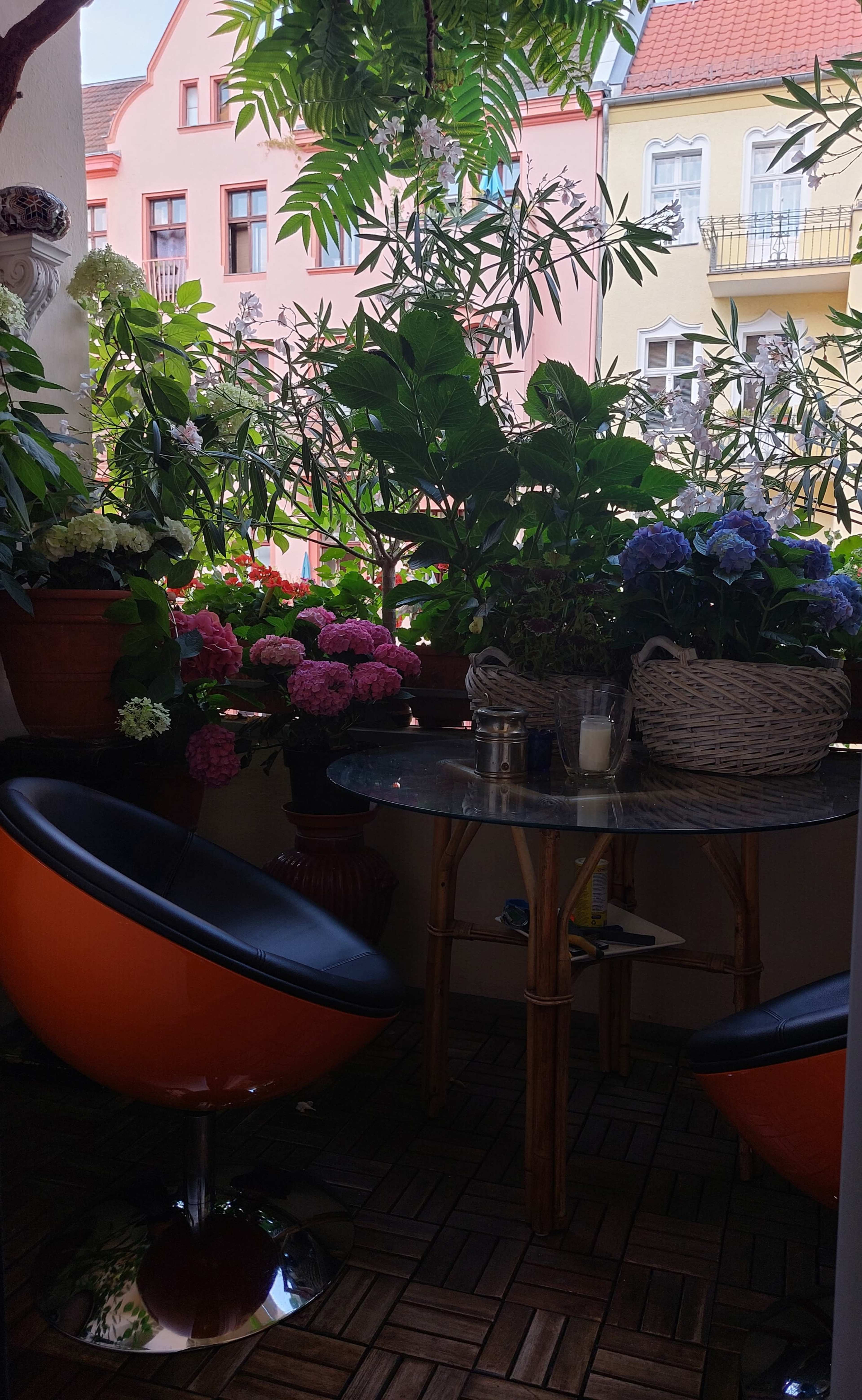 A small outdoor balcony features a round table surrounded by two orange chairs, adorned with various potted plants and flowers against a backdrop of colorful buildings.