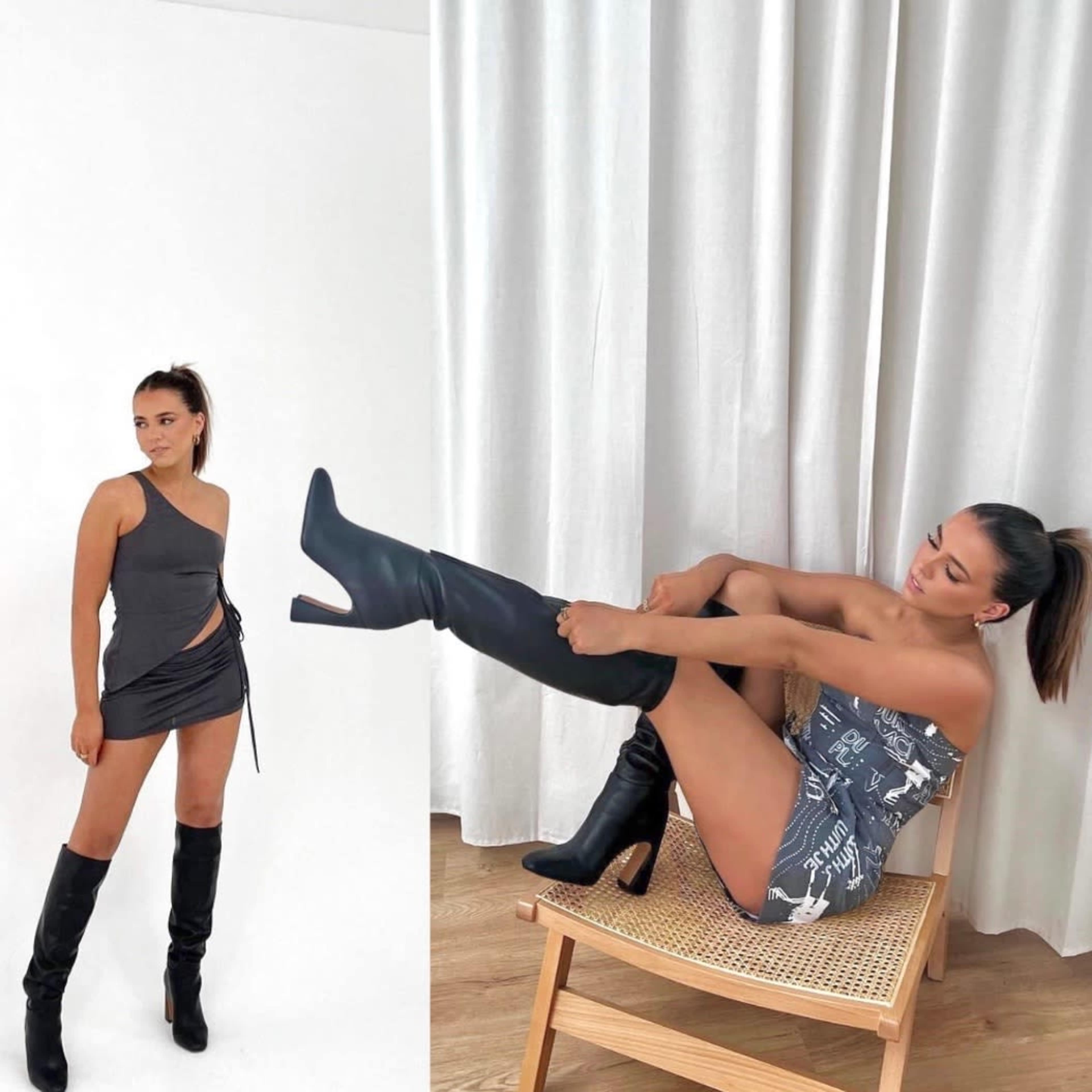 A woman wearing a one-shoulder dress and knee-high boots, posing in two different styles.