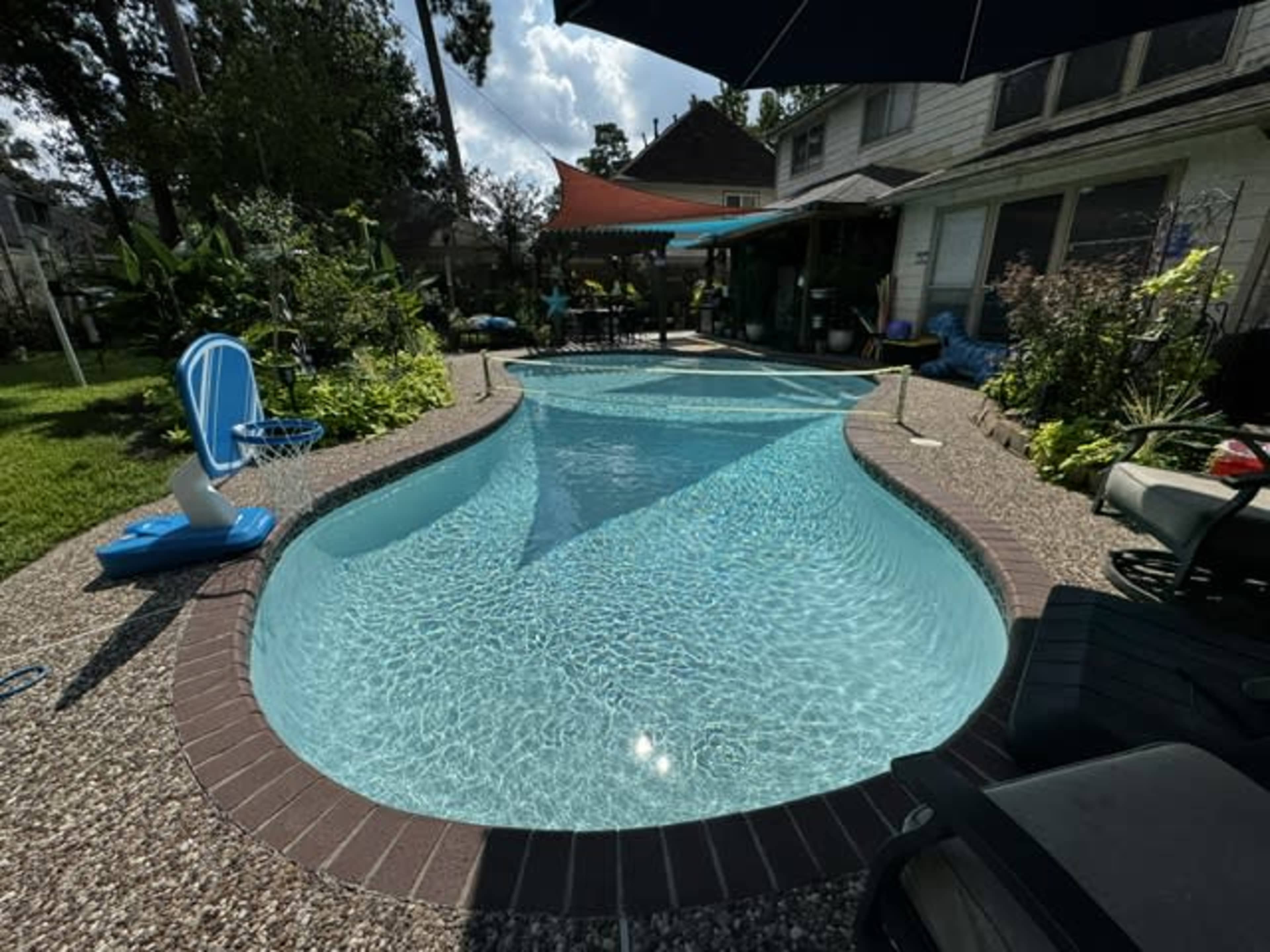 A well-maintained backyard features a clear swimming pool surrounded by decorative plants and a patio area with outdoor furniture.