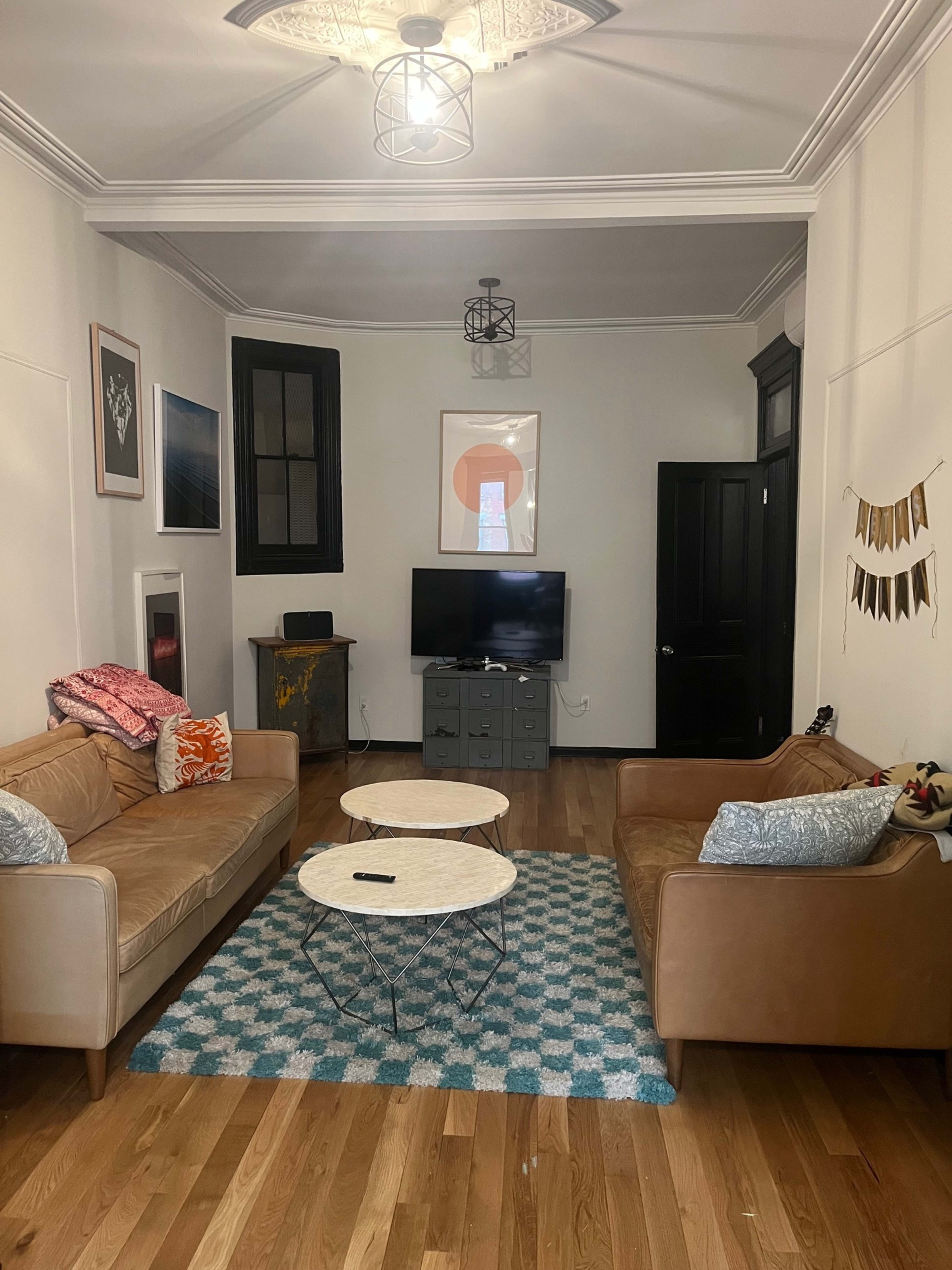 The image depicts a living room featuring two sofas, a television on a cabinet, a patterned area rug, and decorative elements on the walls.