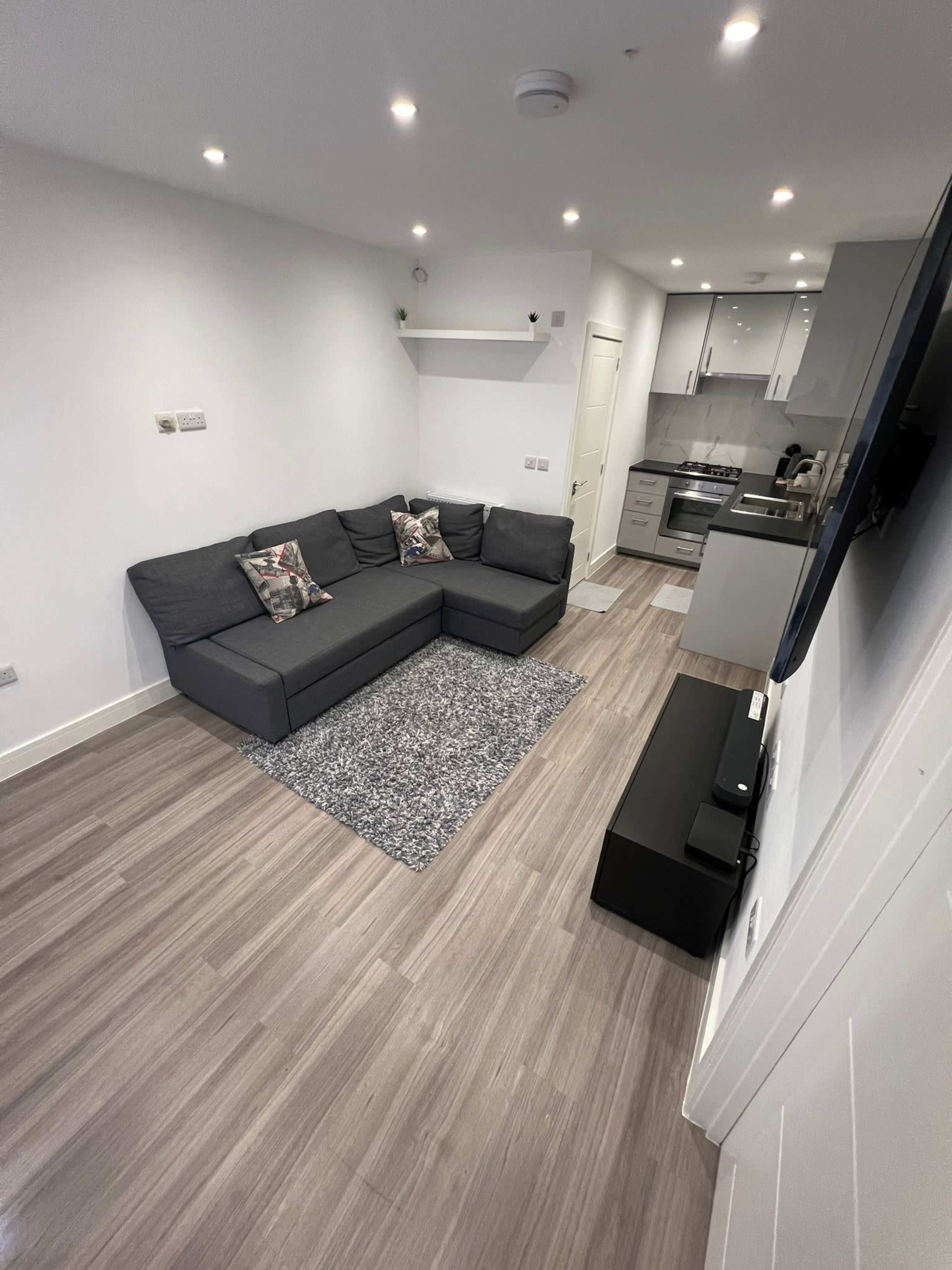 The image shows a modern living room featuring a gray sectional sofa, a small area rug, and a kitchen area in the background.