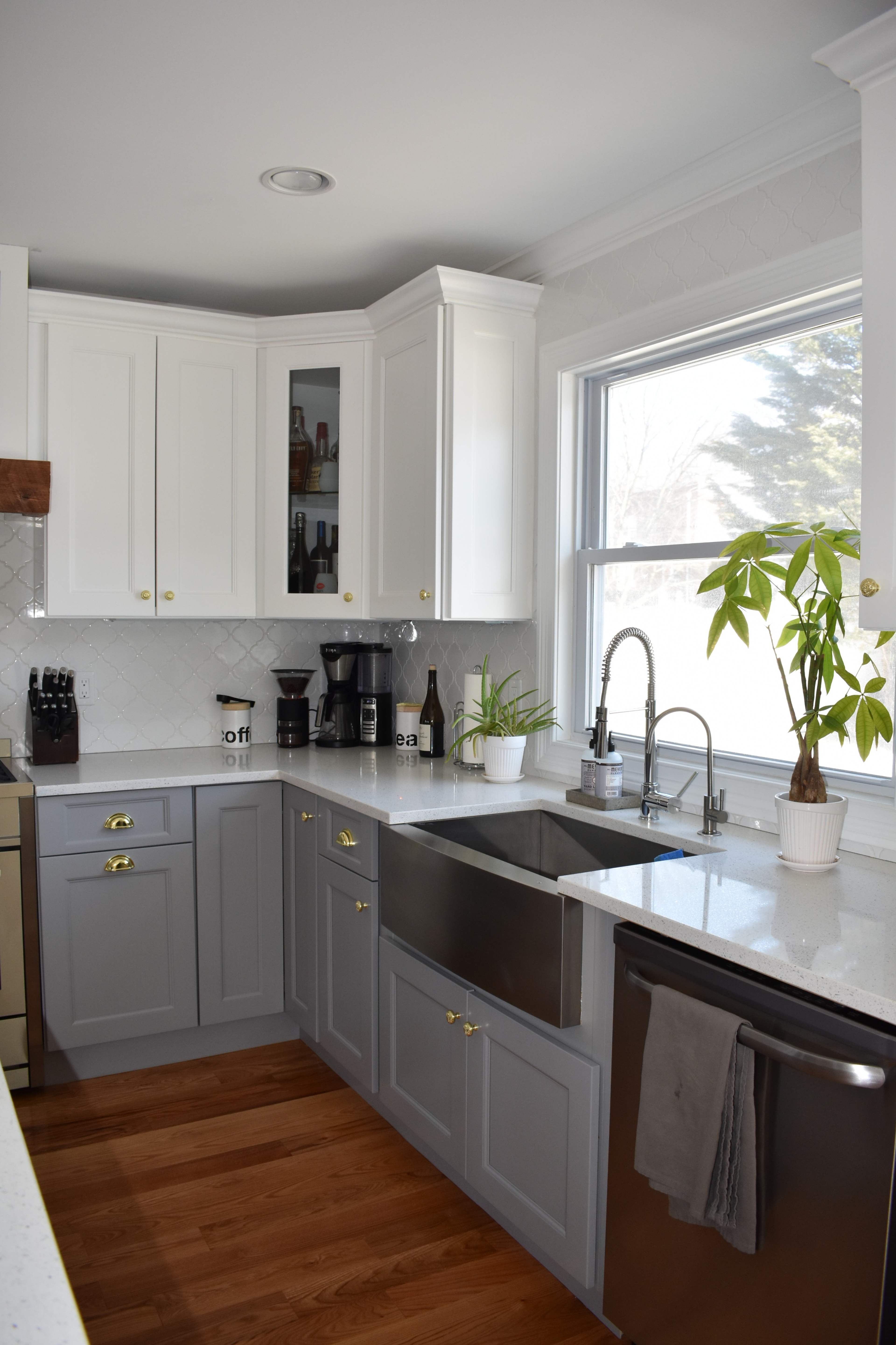 A modern kitchen features gray and white cabinetry, a stainless steel sink, and wooden flooring, with a coffee maker and potted plant near a window.