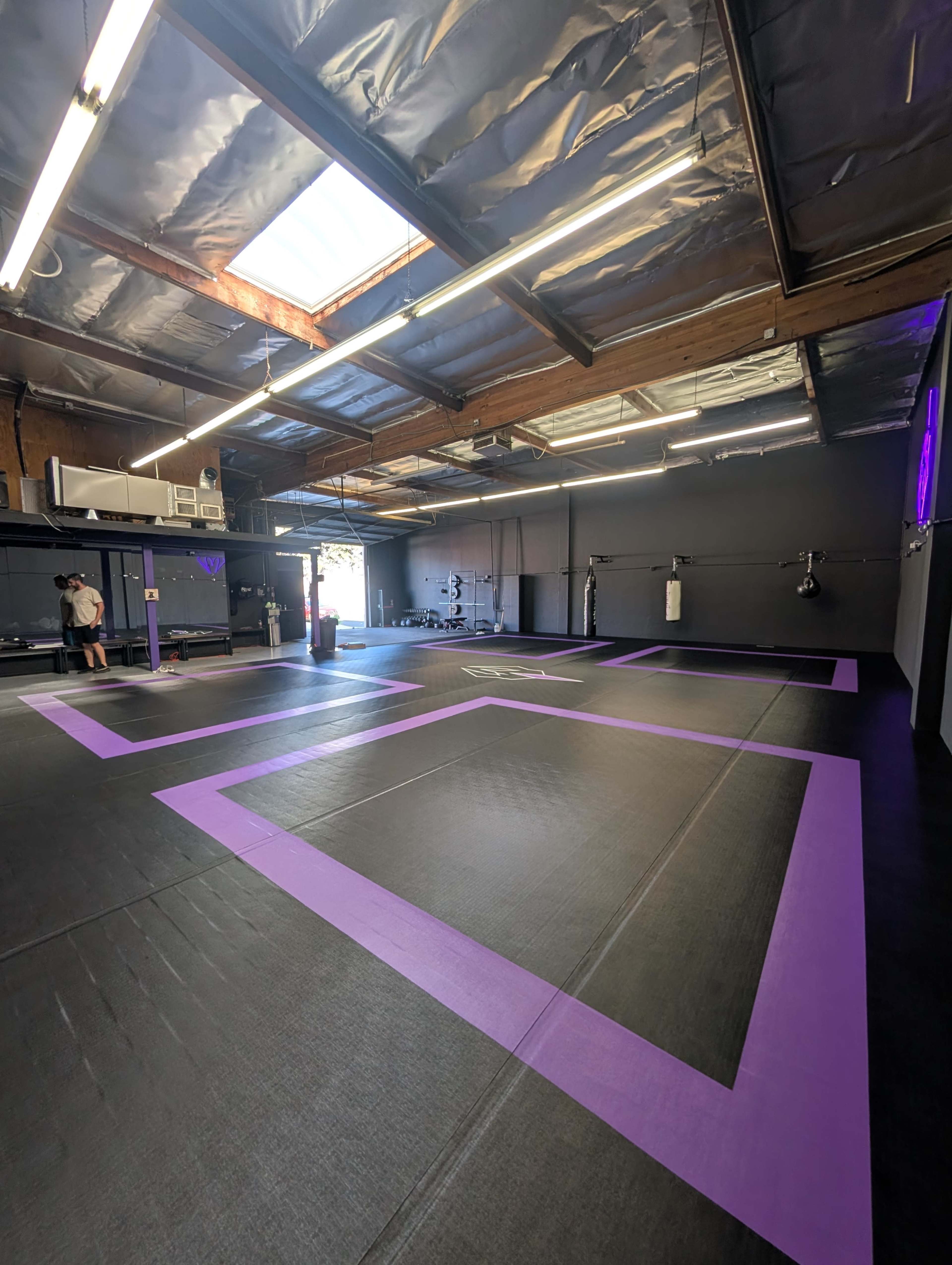The image shows an empty gym interior with black flooring accented by purple markings, overhead lighting, and various workout equipment along the walls.
