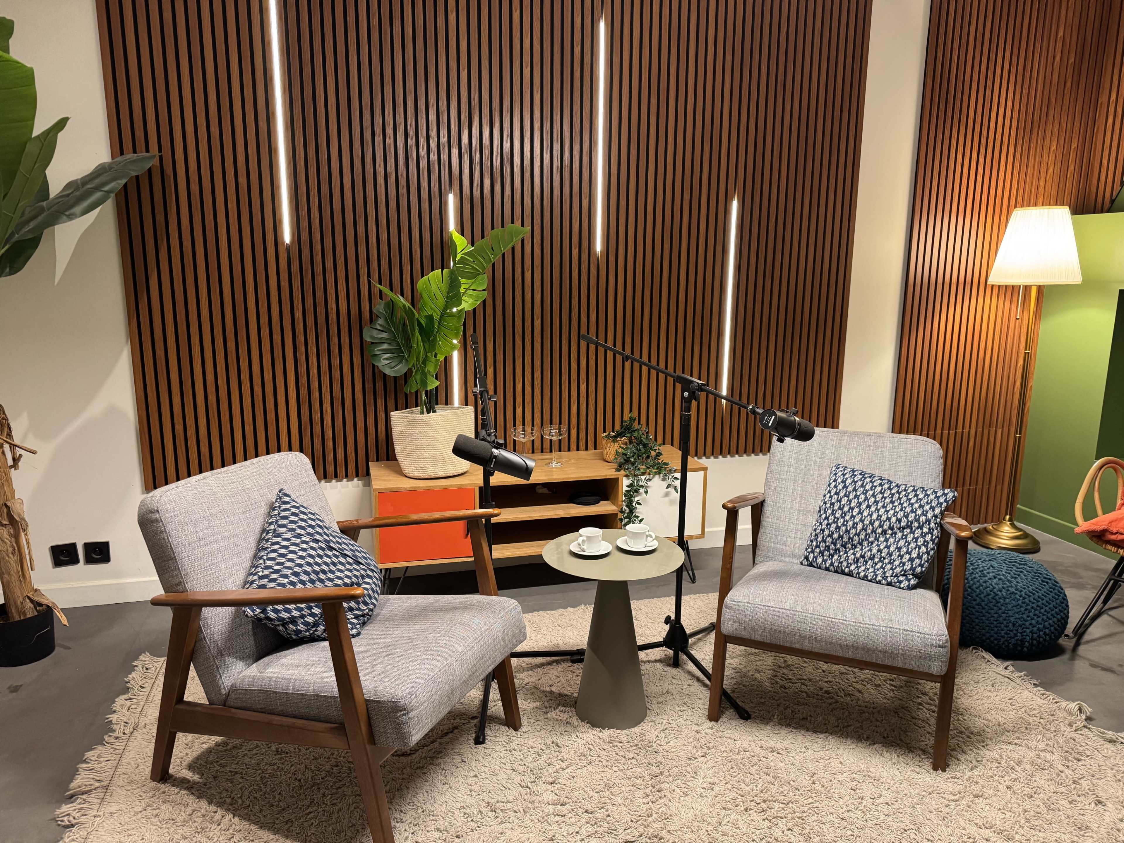 The image shows a cozy seating area with two gray chairs, a small round table, and microphones set up in front of a wooden accent wall, accompanied by a potted plant and a lamp.