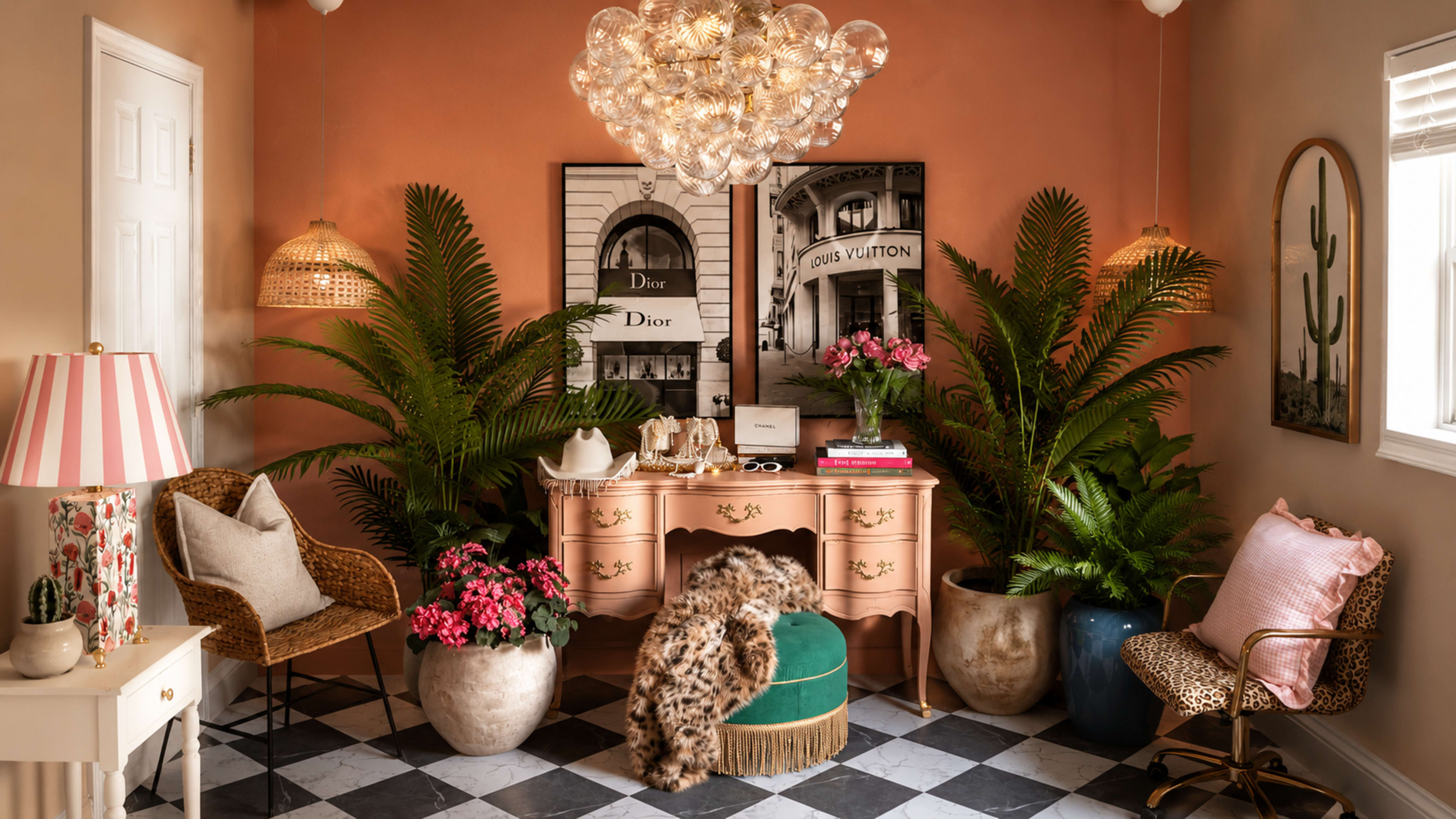 The image shows a stylish corner interior featuring a decorative desk with plants, a chandelier, and framed prints on a warm-colored wall.