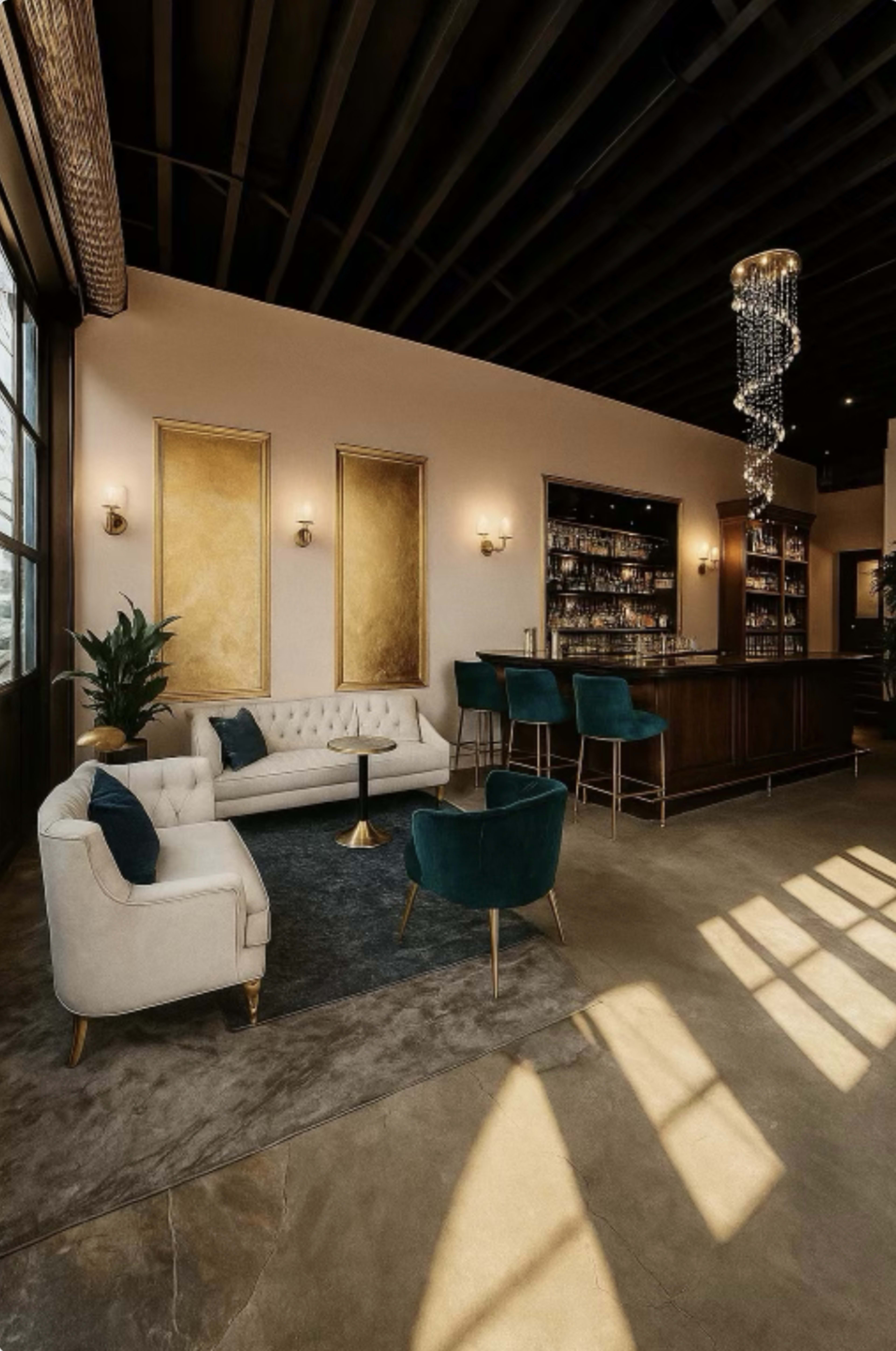 The image shows a modern lounge area with a light-colored sectional sofa, a round coffee table, bar seating, and a well-stocked bar against a wall with framed art pieces.