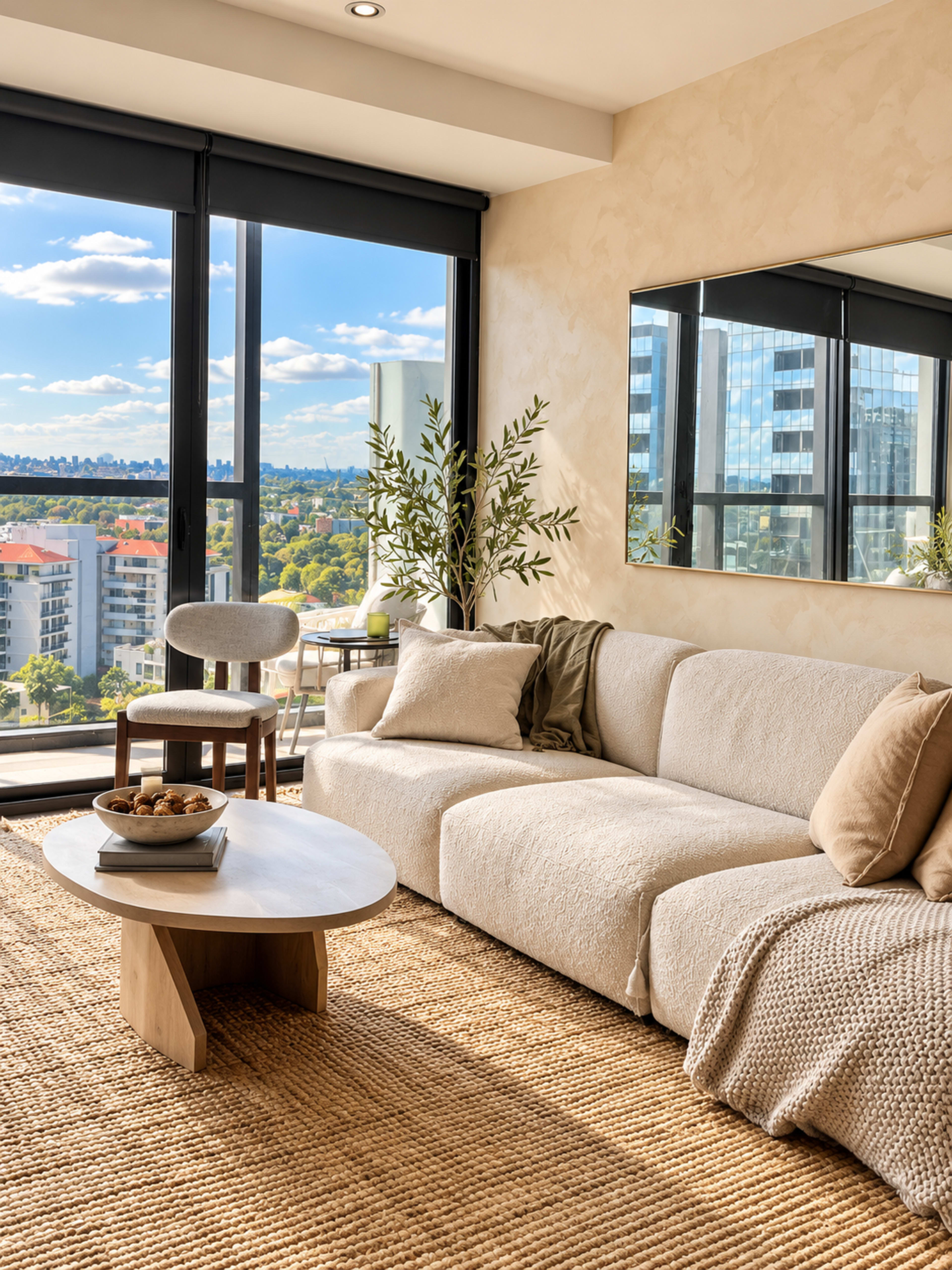A modern living room features a light-colored sectional sofa, a round coffee table, and large windows offering a view of the cityscape and greenery outside.