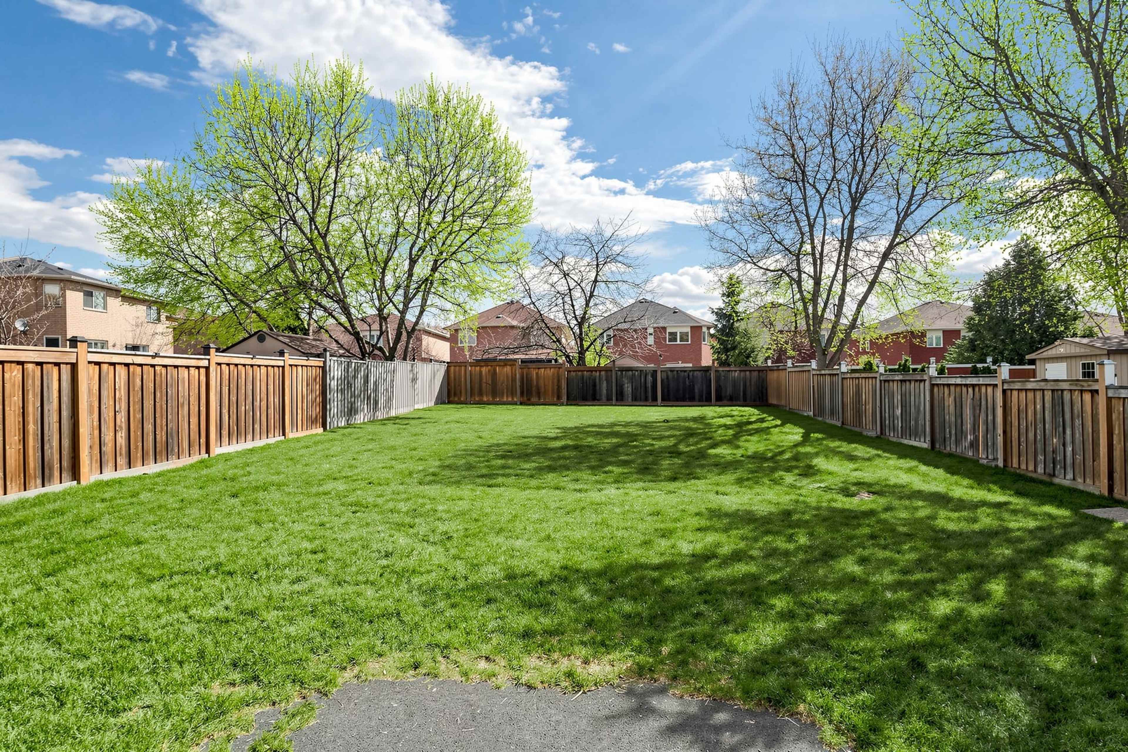 The image shows a spacious, grassy backyard surrounded by wooden fences and houses in the background.