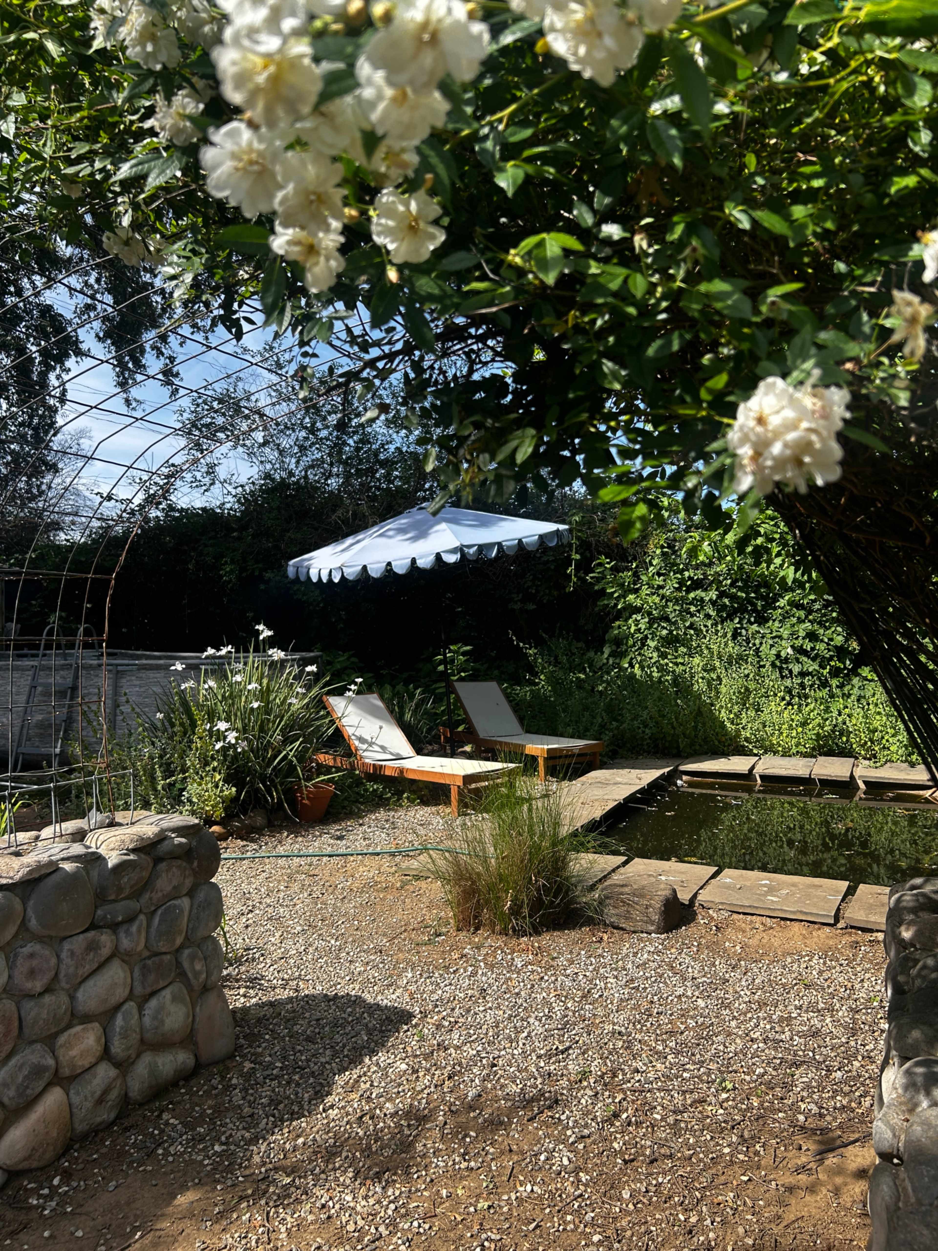 A small garden area features a pond surrounded by stone pathways and two lounge chairs under a white umbrella.