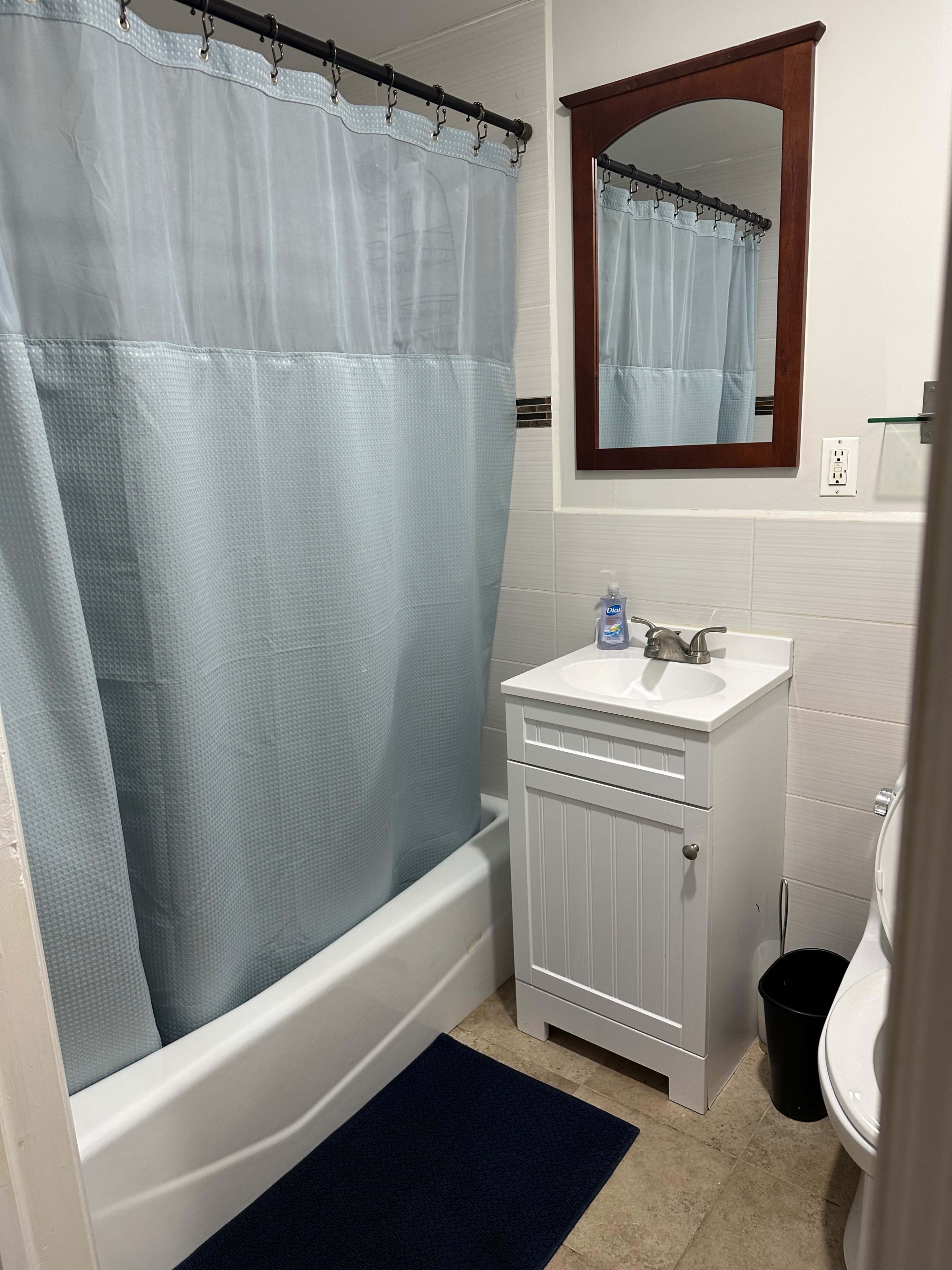 The bathroom features a shower with a blue curtain, a white vanity with a sink, and a mirror above it.