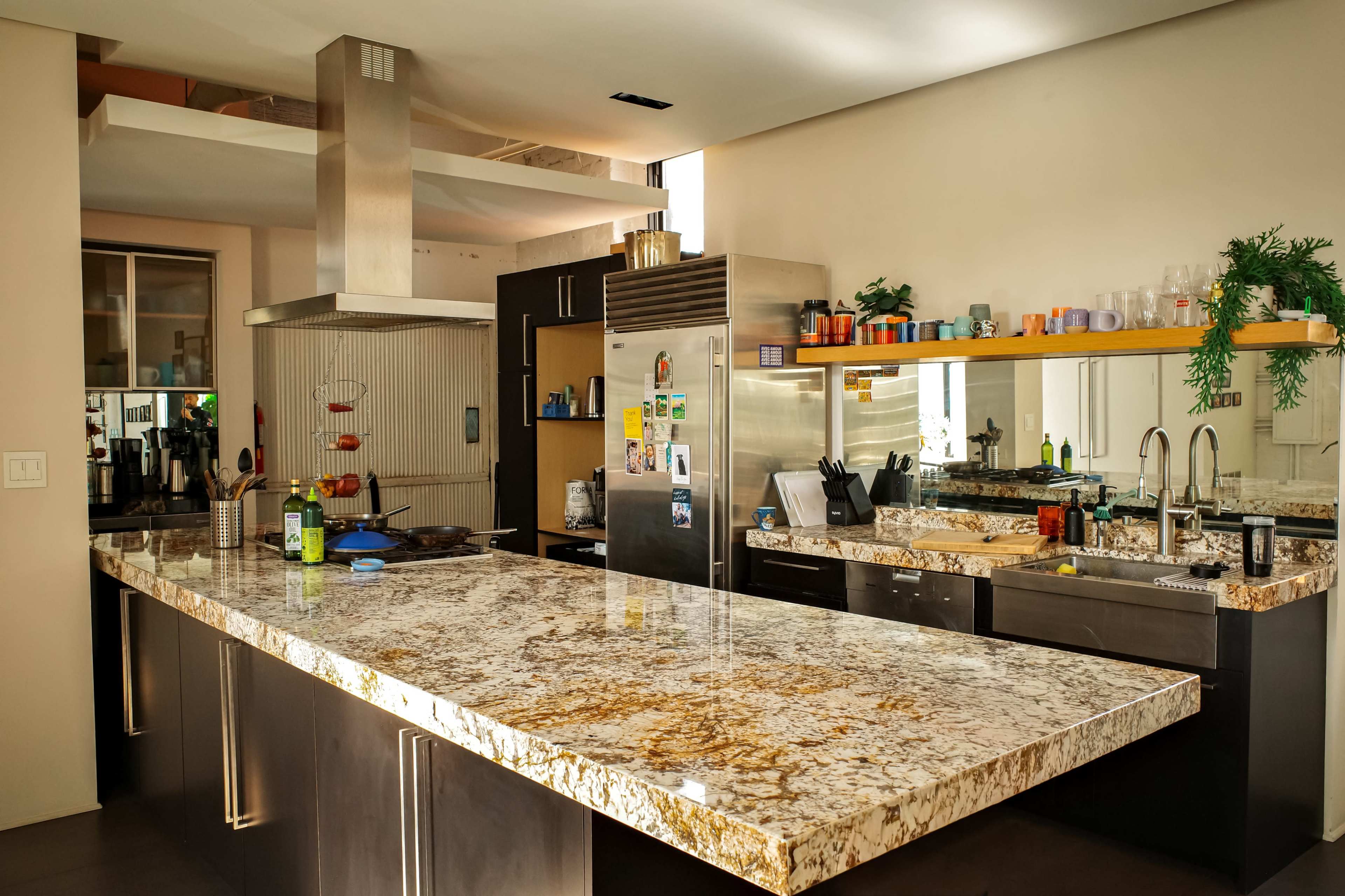 The image shows a modern kitchen with a large granite countertop, stainless steel appliances, and a variety of utensils and plants arranged on the counter and shelves.