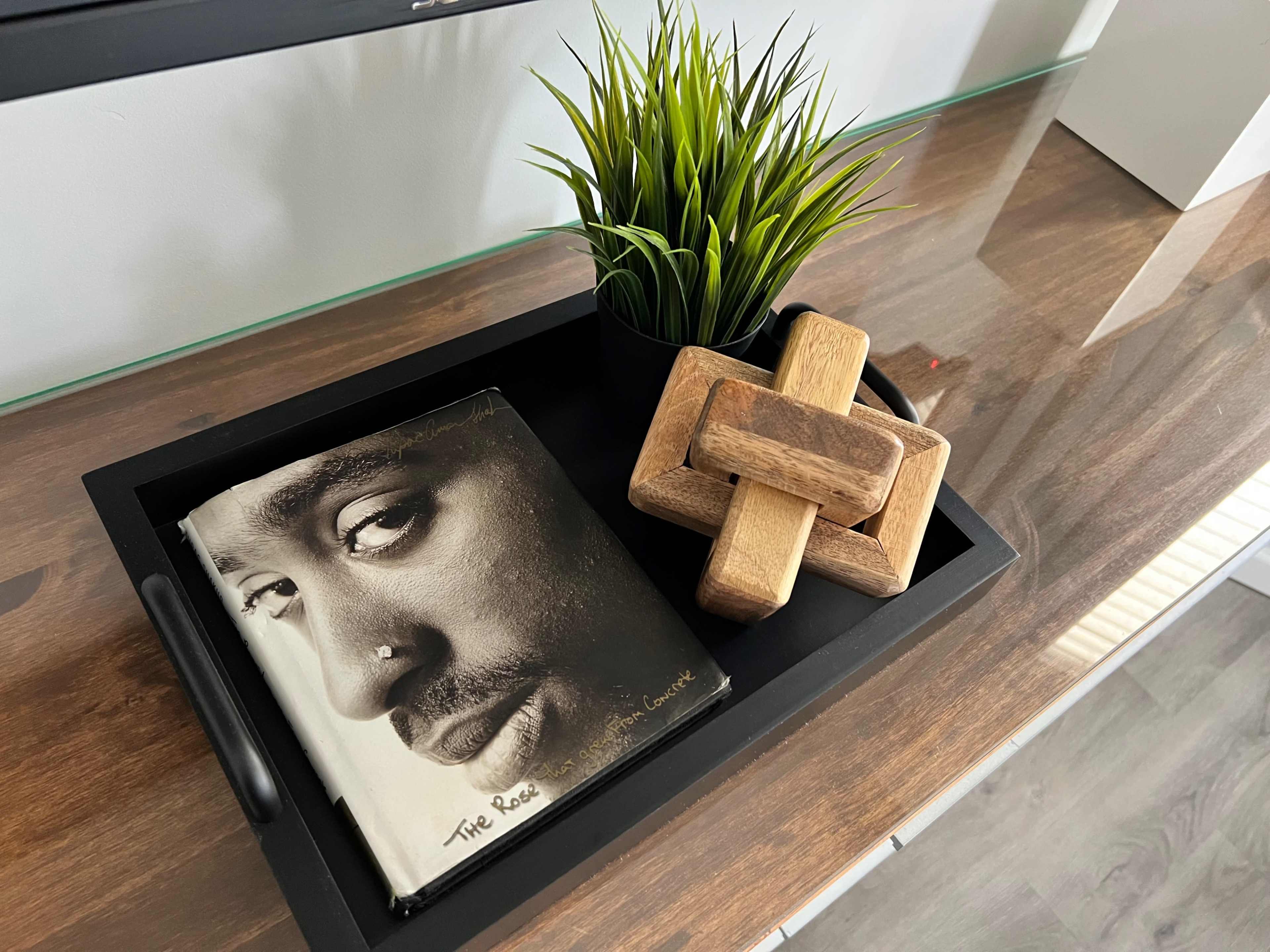 A black tray holds a book titled "The Rose That Grew from Concrete," a small potted plant, and a stack of wooden blocks.