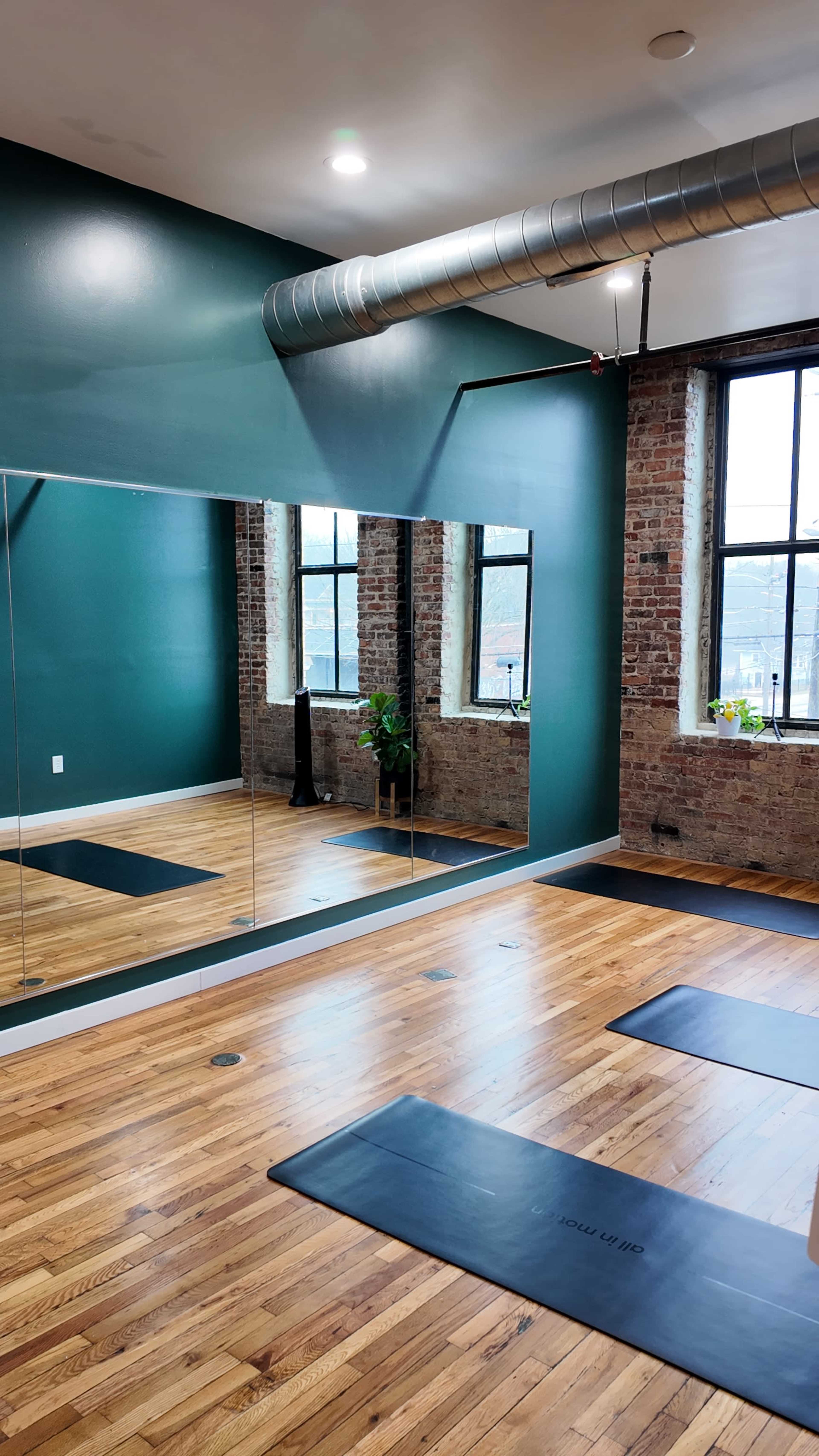 The image shows a studio with wooden flooring, a large mirror on one wall, green-painted walls, and a plant near a window.