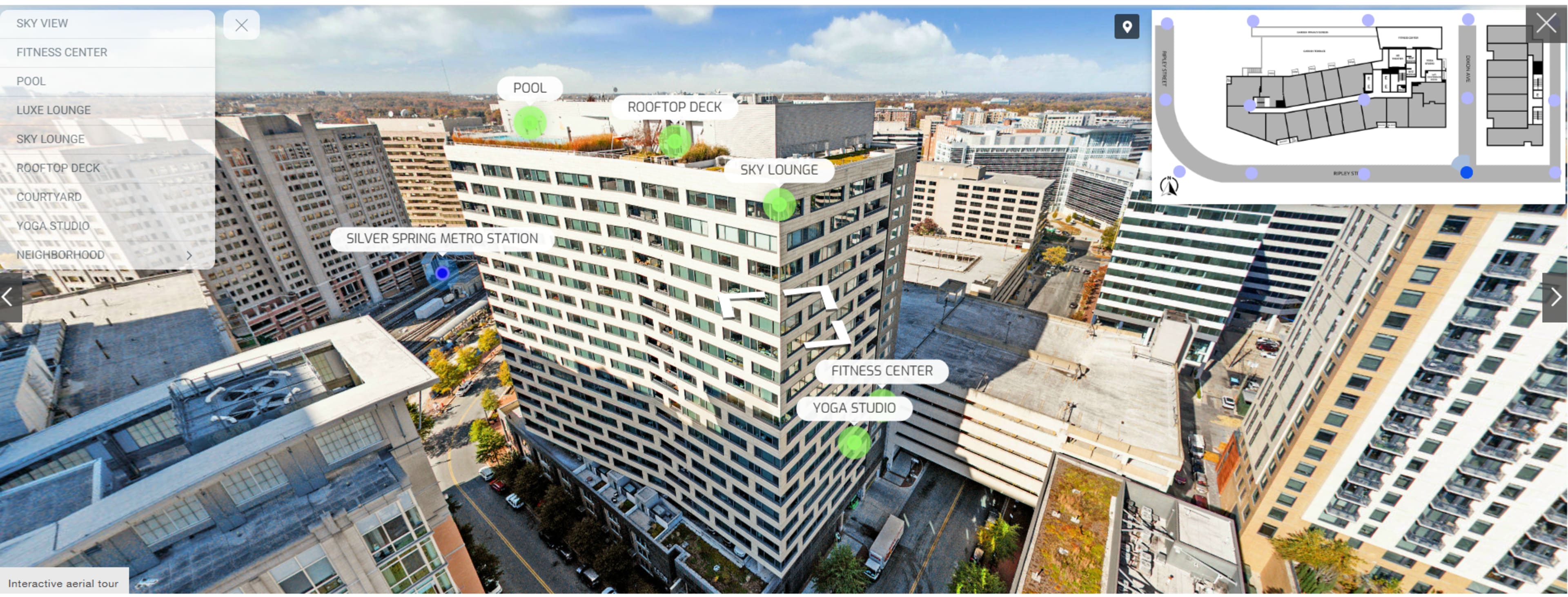 The image shows a modern residential building with labeled amenities including a pool, fitness center, yoga studio, sky lounge, and rooftop deck, along with a nearby metro station.