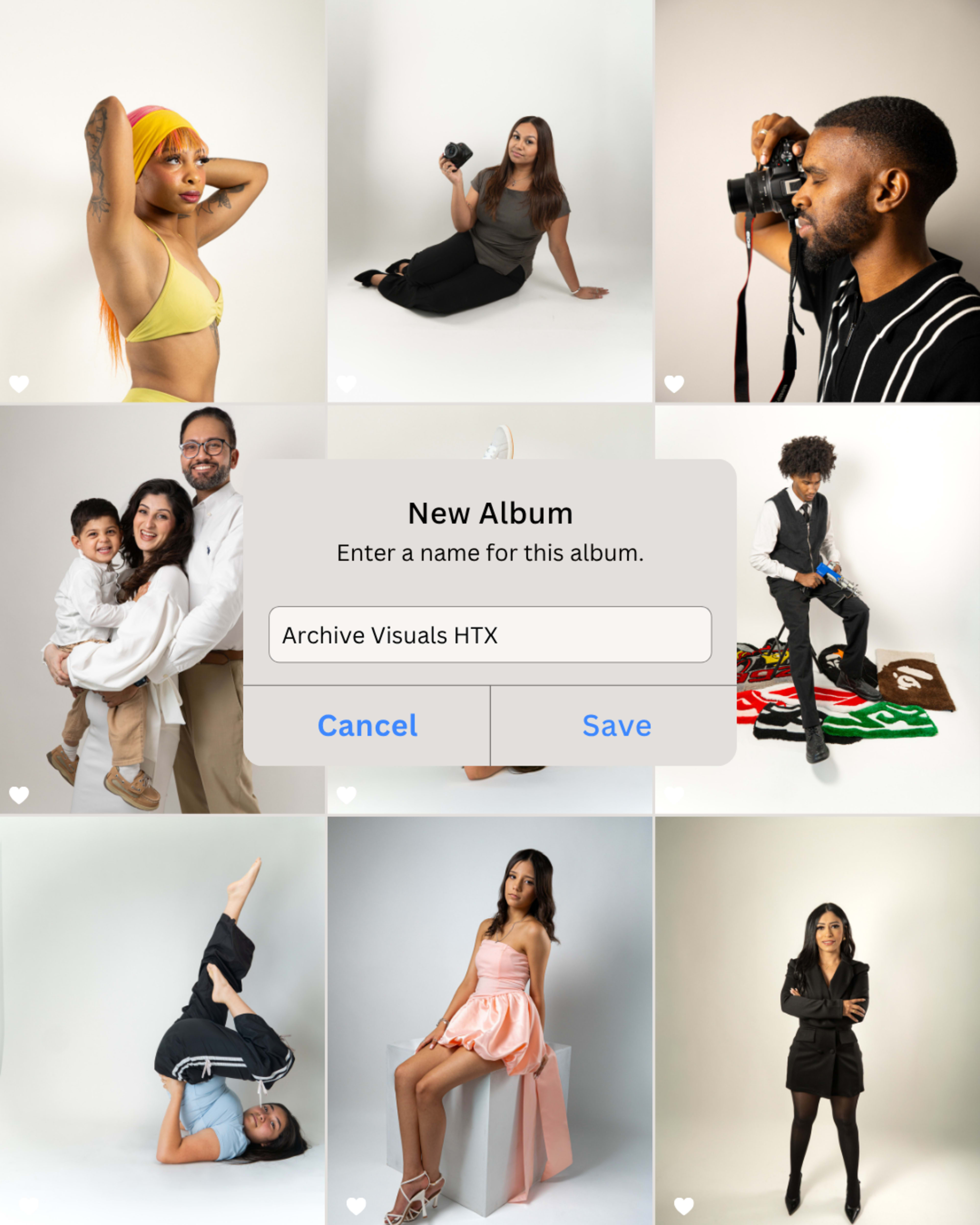 The image displays a collage of diverse individuals posing in various settings, showcasing photography with a blank album title prompt at the center.
