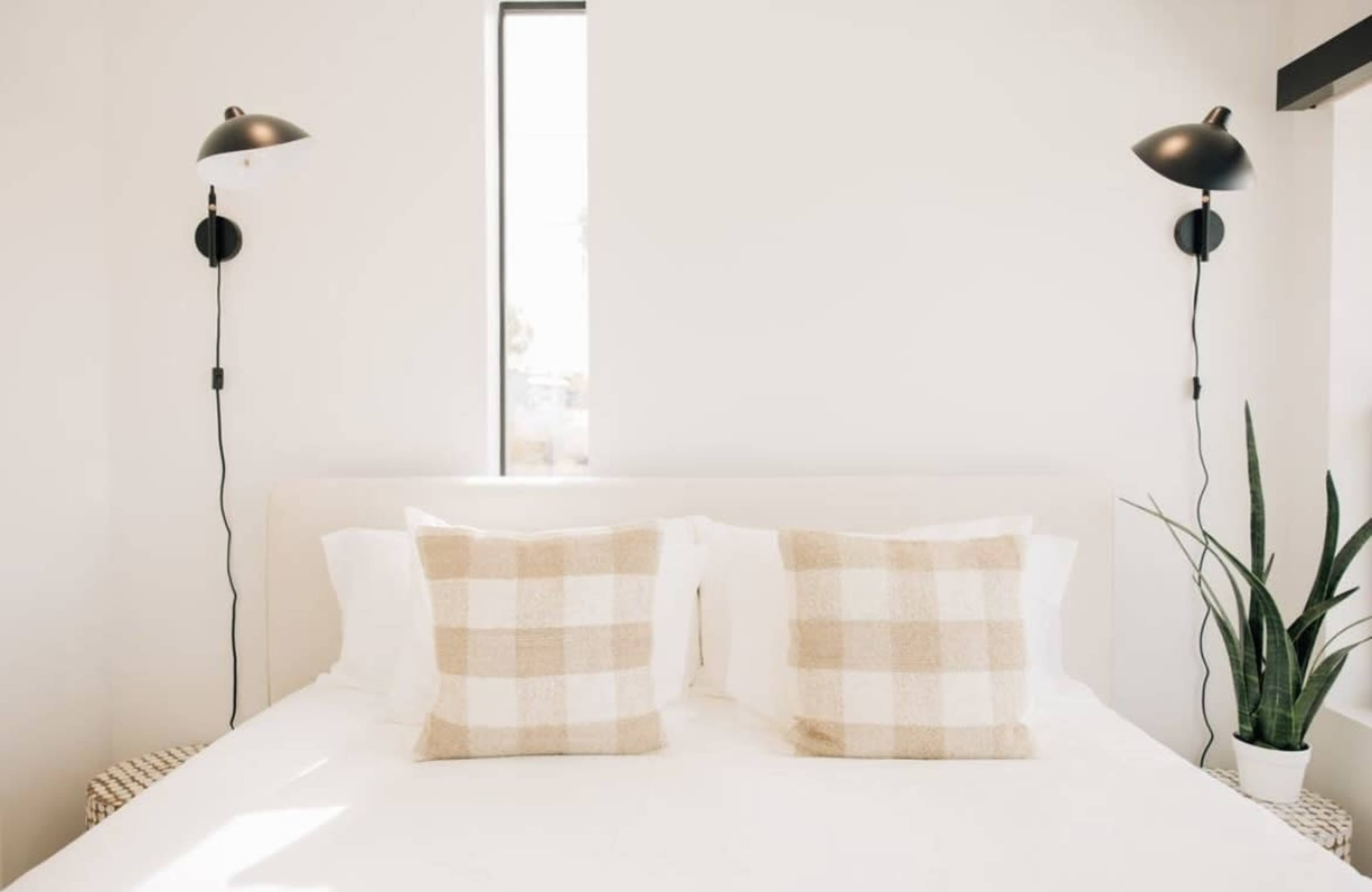 A bed with white bedding and two decorative pillows is positioned between wall-mounted lamps and a tall plant in a minimalist bedroom.