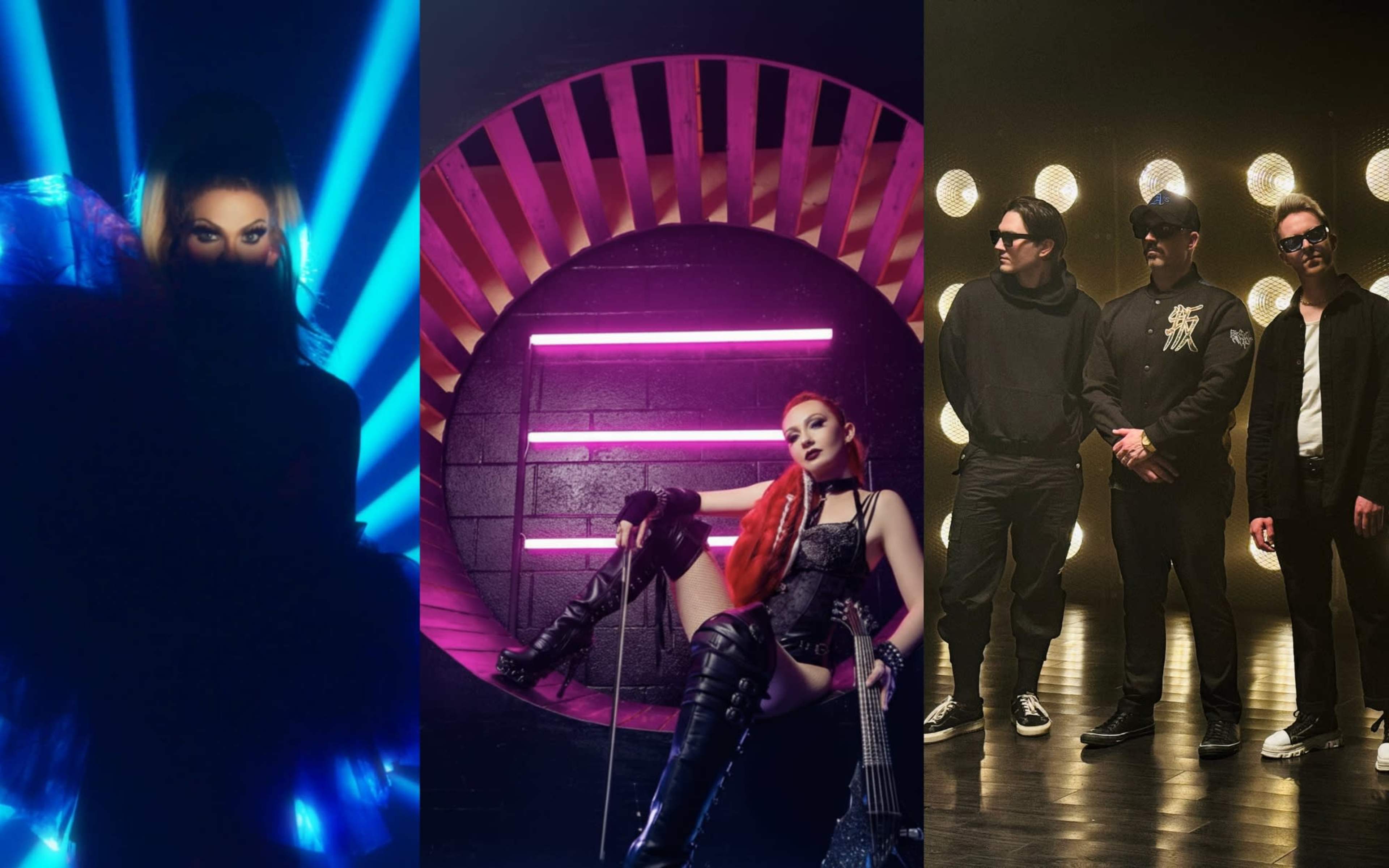 The image features three separate scenes: a performer in dramatic lighting, a musician with a stylish outfit posing in front of a circular backdrop with neon lights, and a group of three men dressed in casual streetwear, standing against a backdrop of illuminated stage lights.