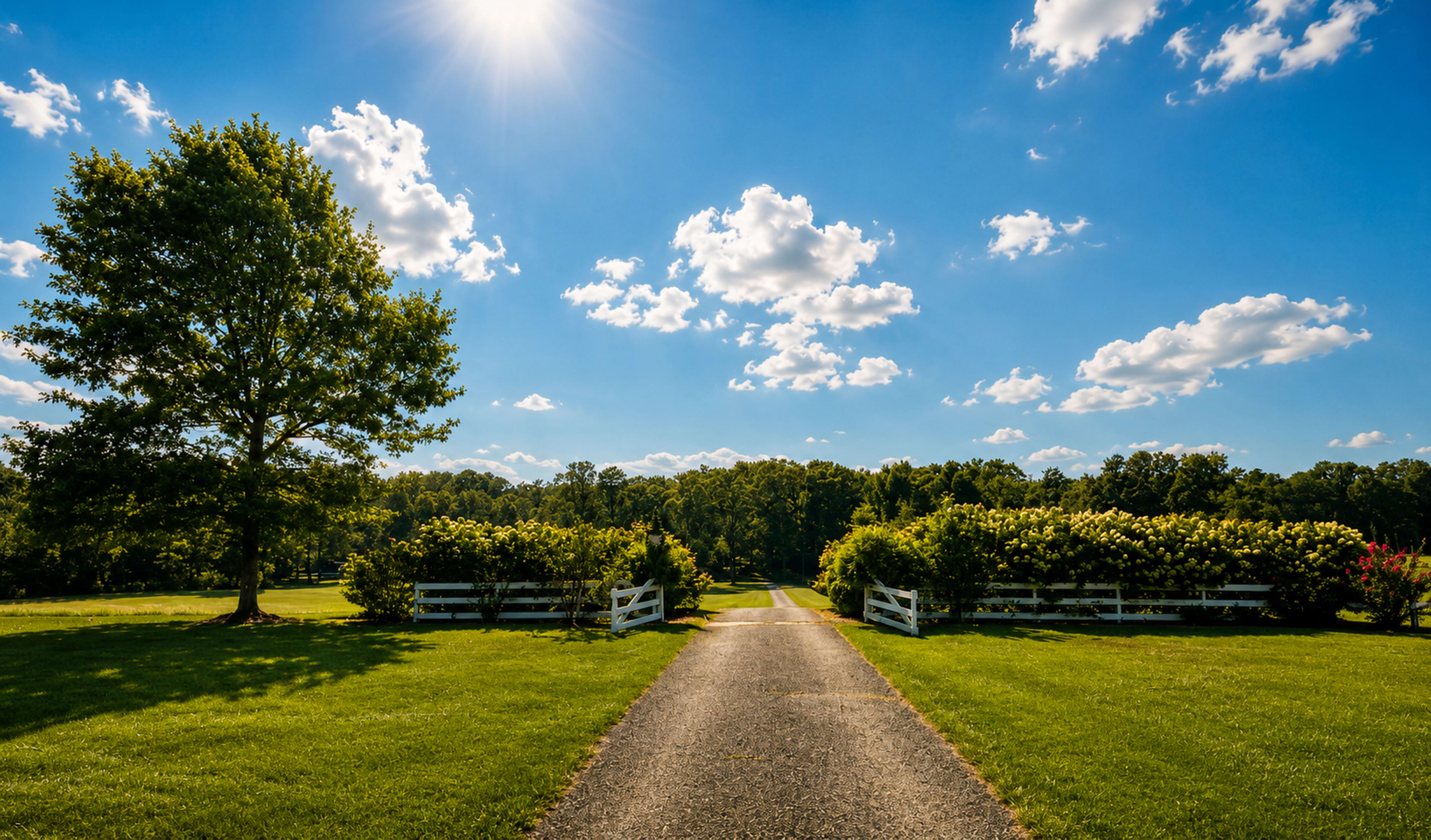 A paved pathway leads through a lush green landscape flanked by trees and hedges under a clear blue sky with scattered clouds.