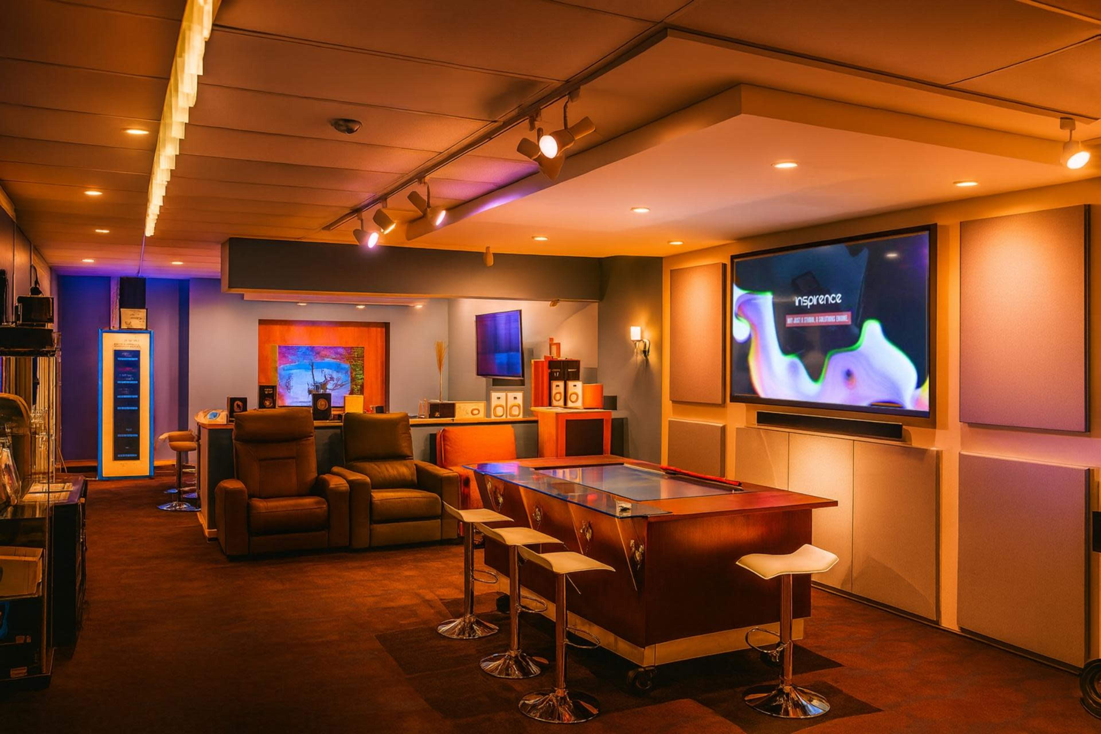 The image shows a modern audio-visual room equipped with a large screen, speakers, a bar-style table, and comfortable seating.