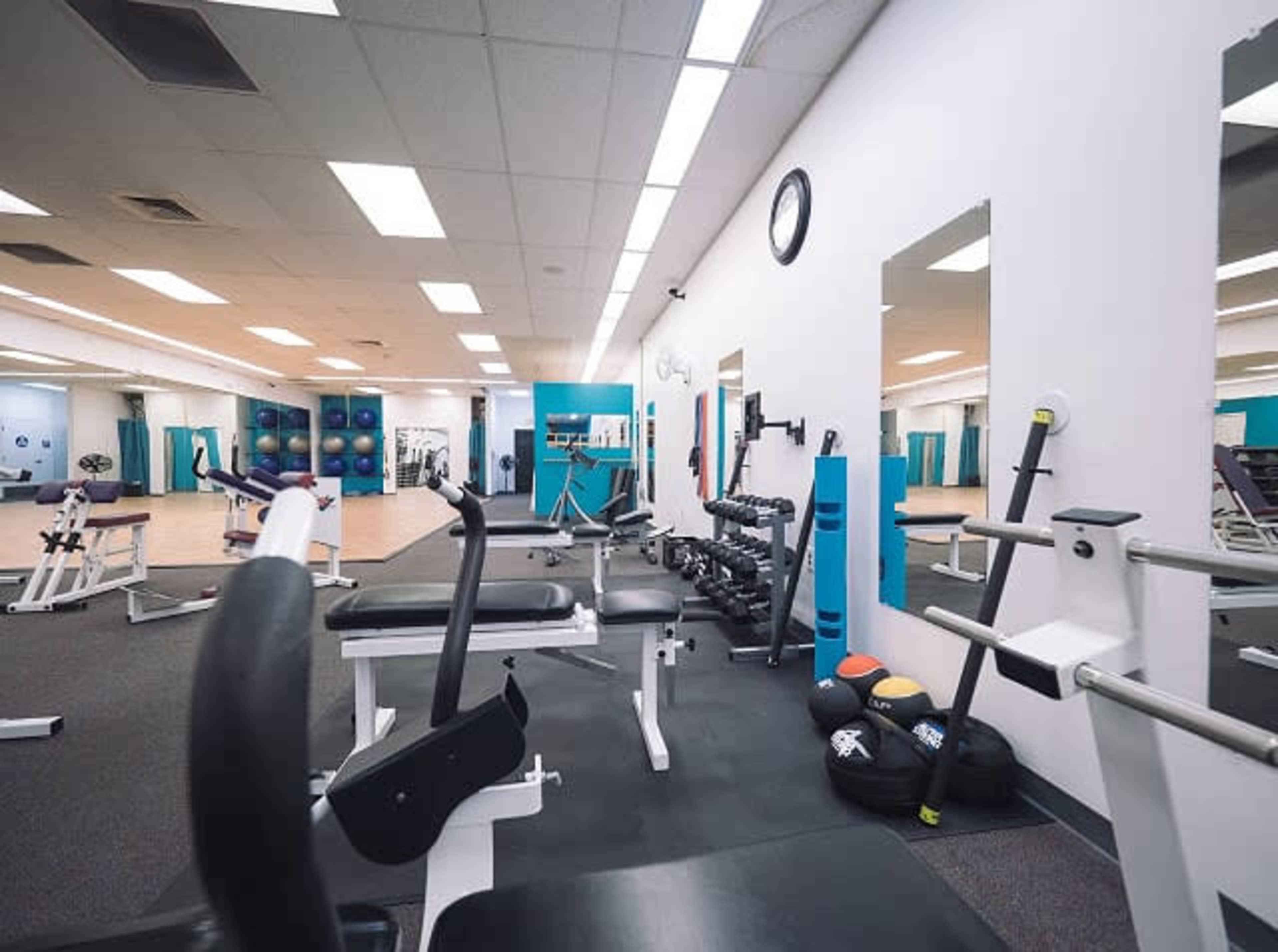 A gym interior features various weightlifting equipment and exercise machines along with colorful stability balls arranged in the background.