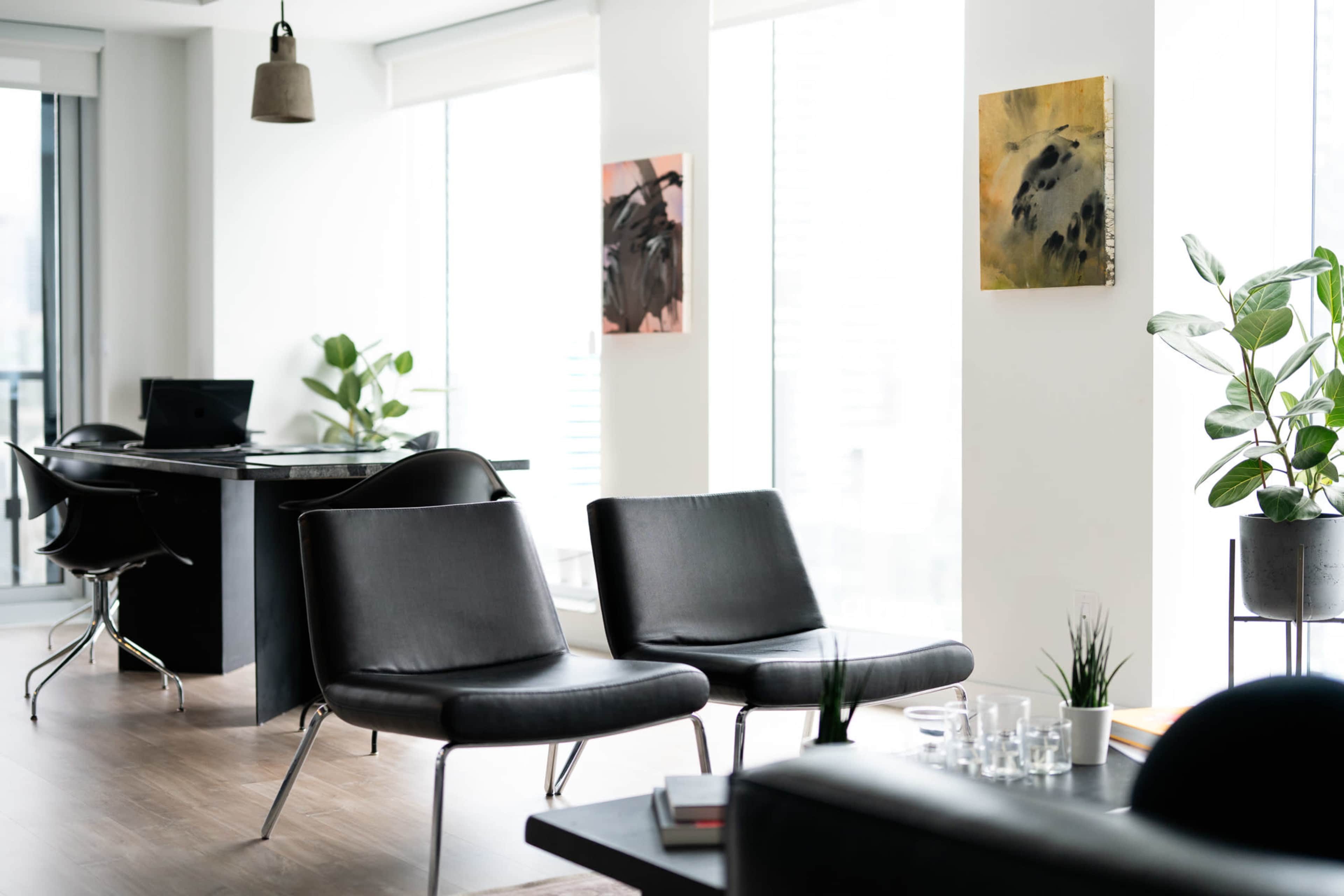 The image shows a modern office space with black chairs, a sleek black desk, and large windows allowing natural light to enter, complemented by green plants and abstract artwork on the walls.