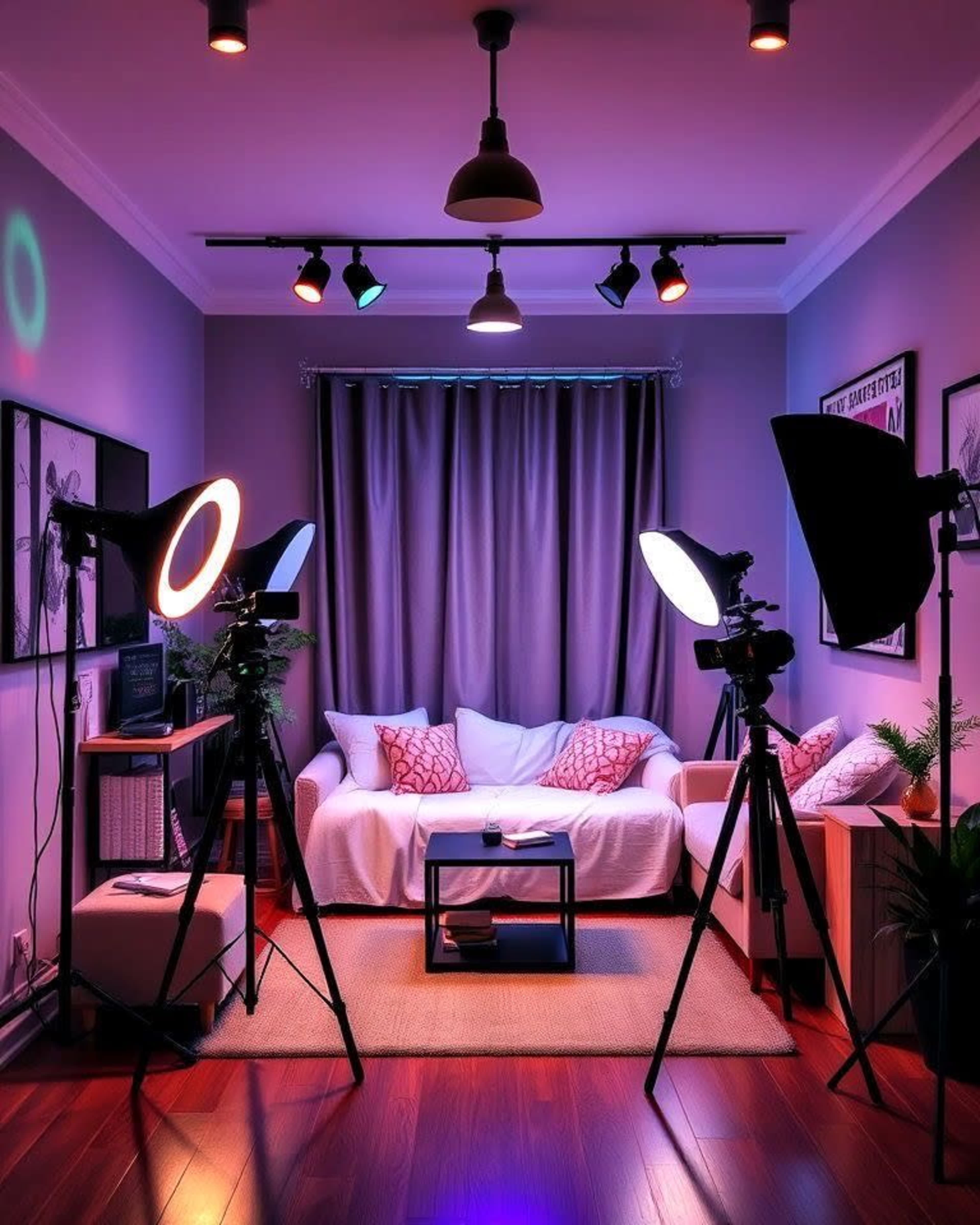 The image shows a modern living room setup with two studio lights and cameras pointing toward a centrally located coffee table, surrounded by a sofa and decorative elements.
