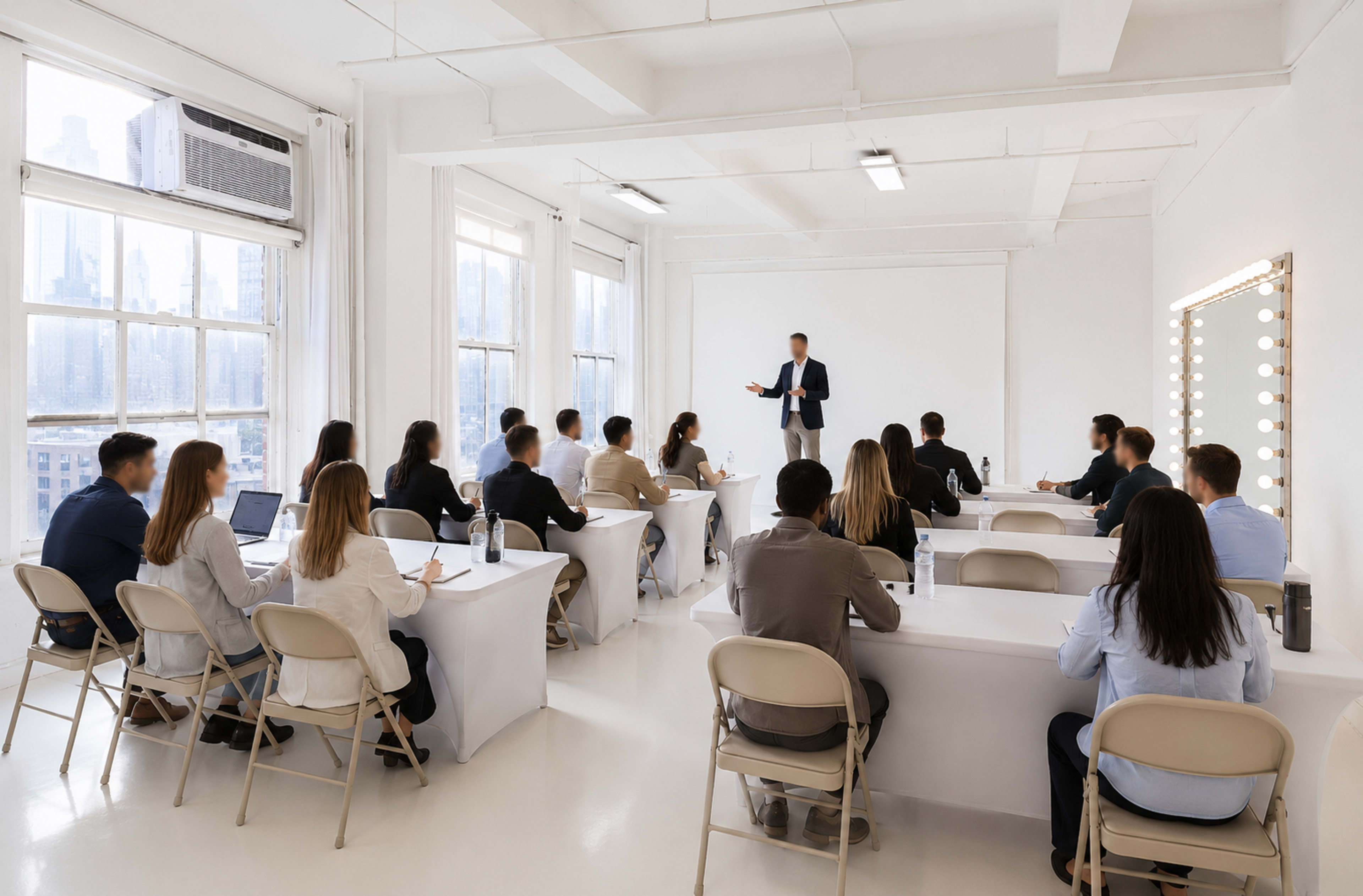 A group of people sits at tables in a bright, modern classroom while a presenter stands in front of them, speaking.