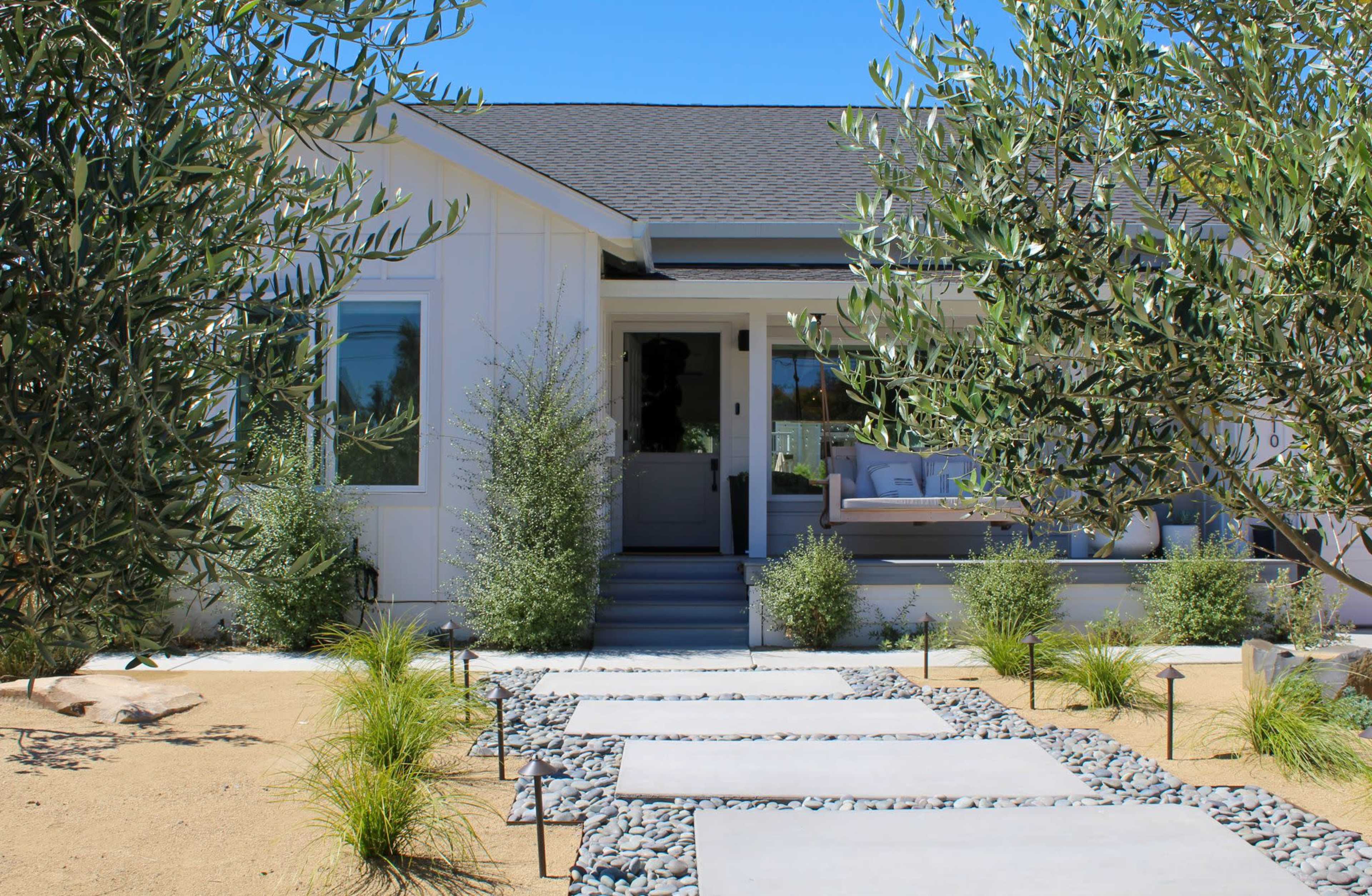 A white house with a porch is surrounded by olive trees and pathways made of concrete slabs and gravel.
