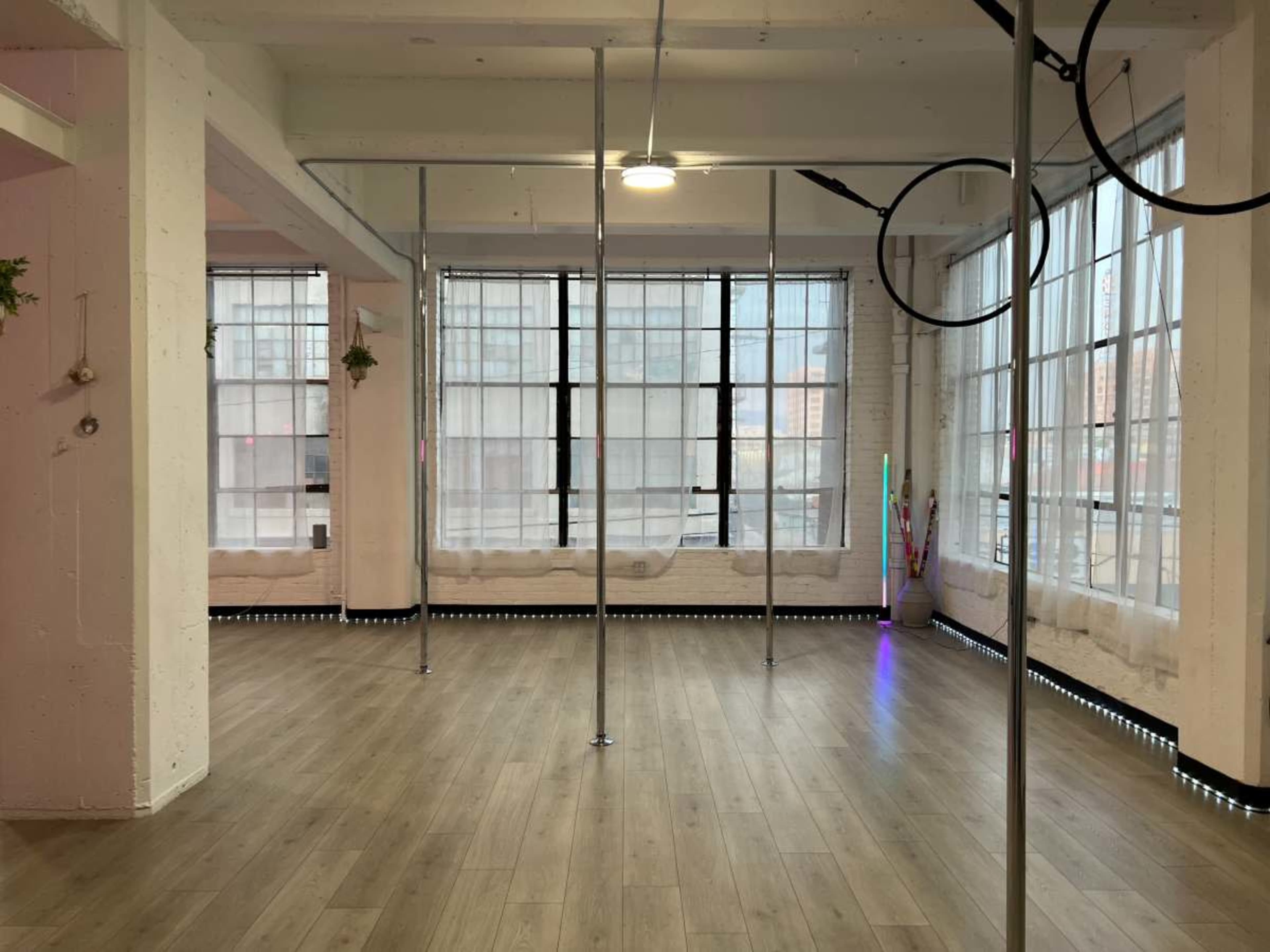 The image shows an empty studio space with several vertical poles, large windows allowing natural light, and wooden flooring.