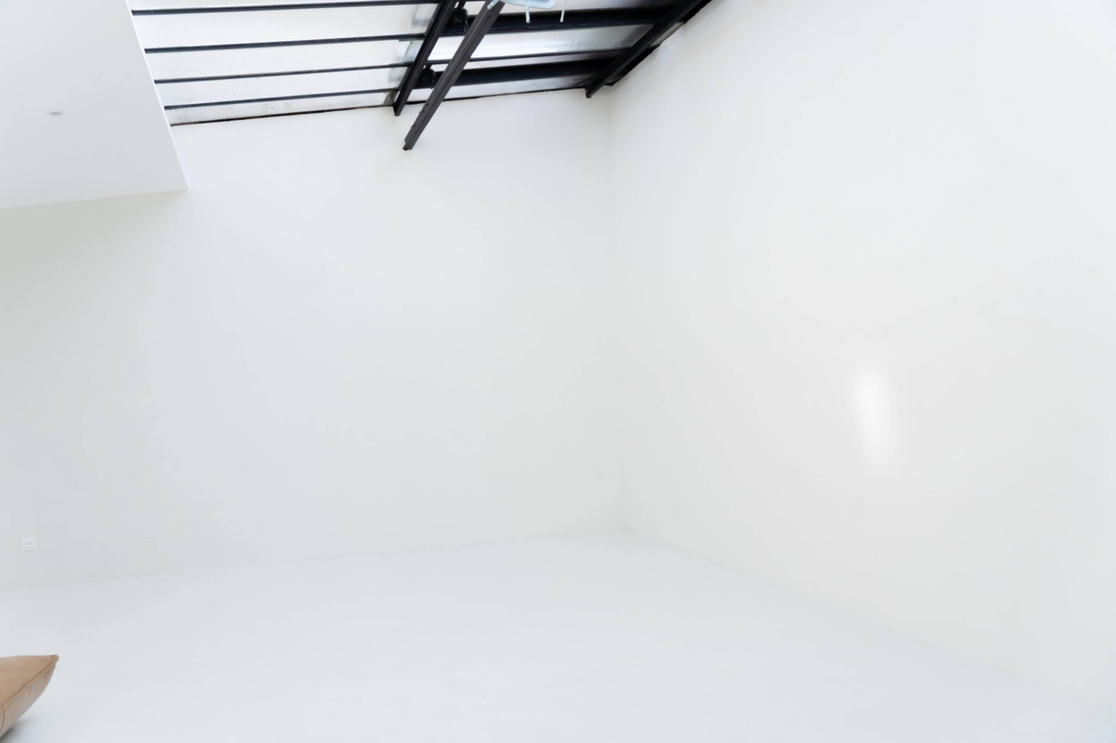 The image shows a large, empty room with white walls and a skylight.