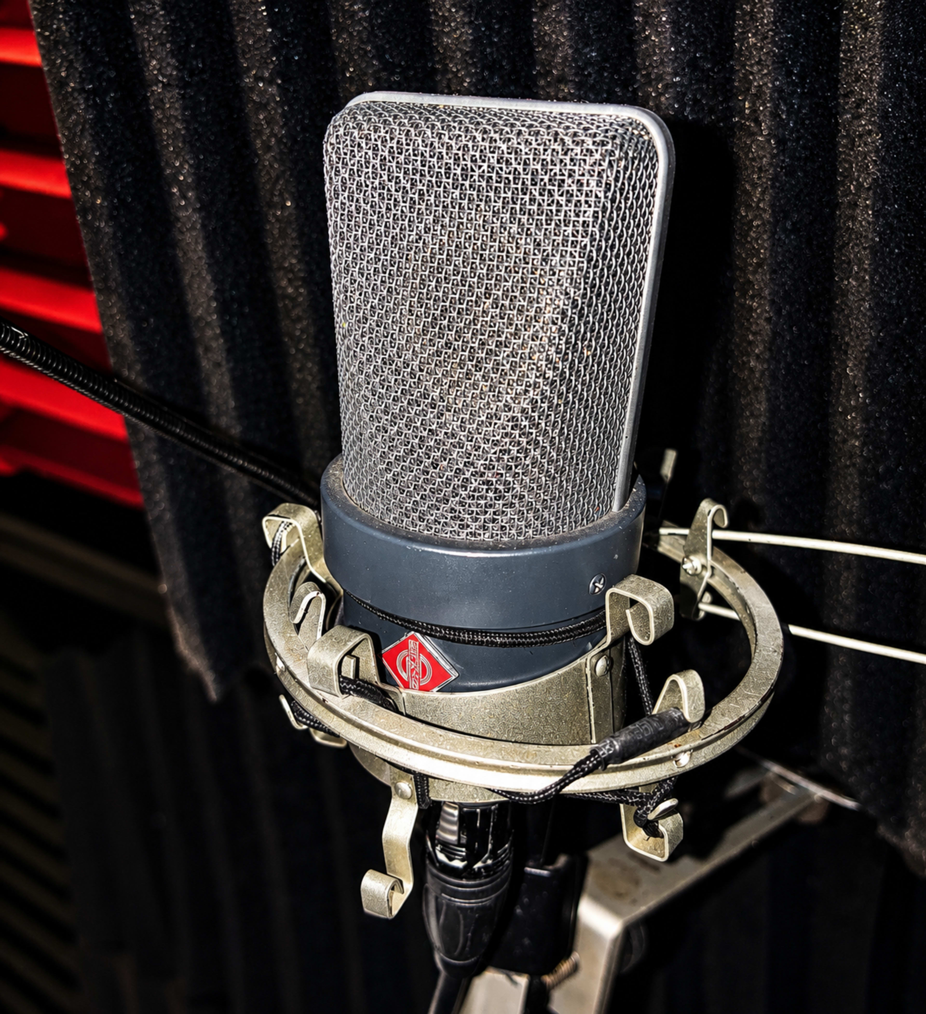 A studio microphone is mounted on a shock mount against a background of soundproofing foam.