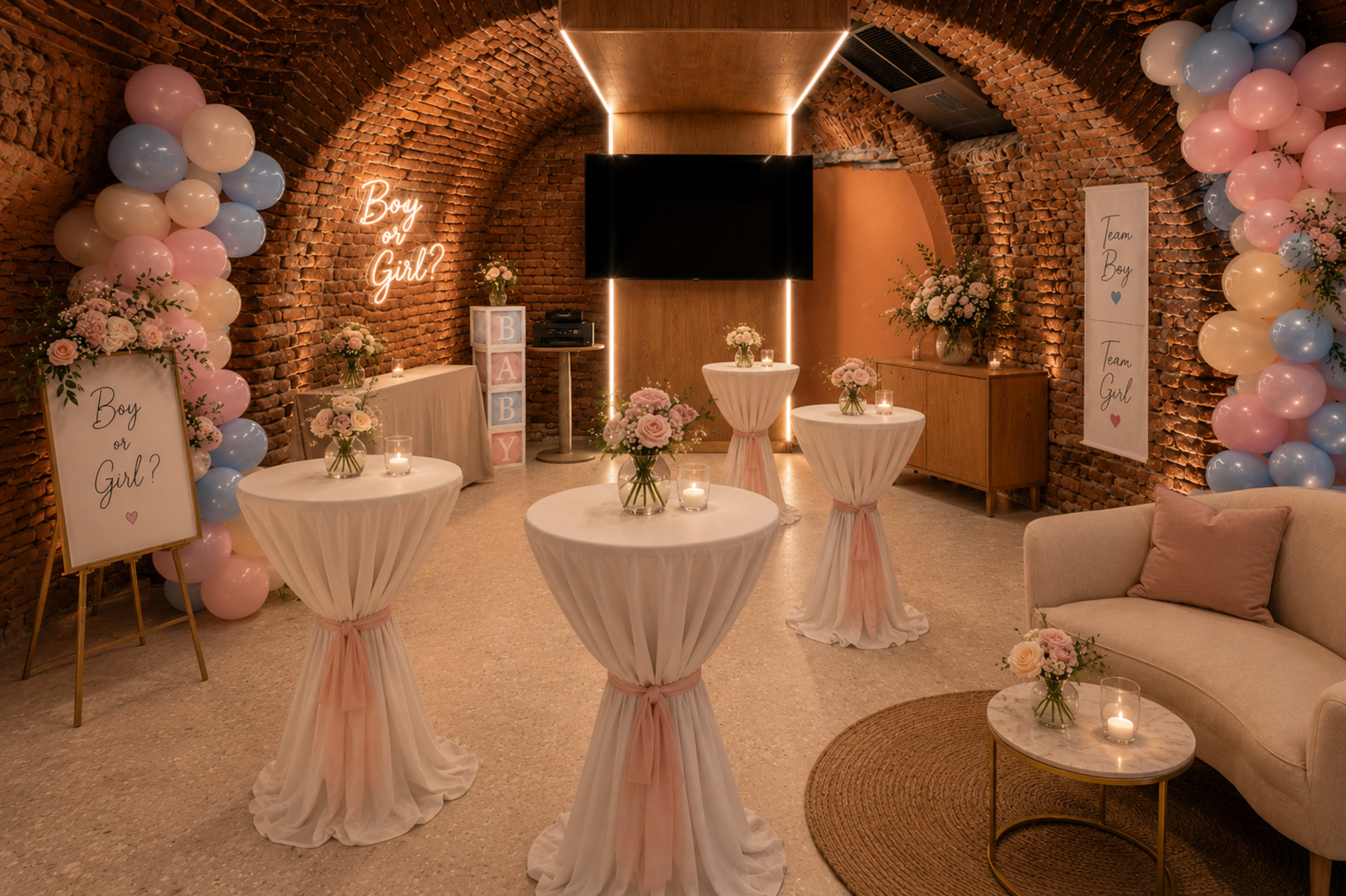 The image shows a decorated event space with round tables featuring floral centerpieces, balloons in blue and pink, and signs indicating "Boy or Girl?" amidst a rustic brick interior.