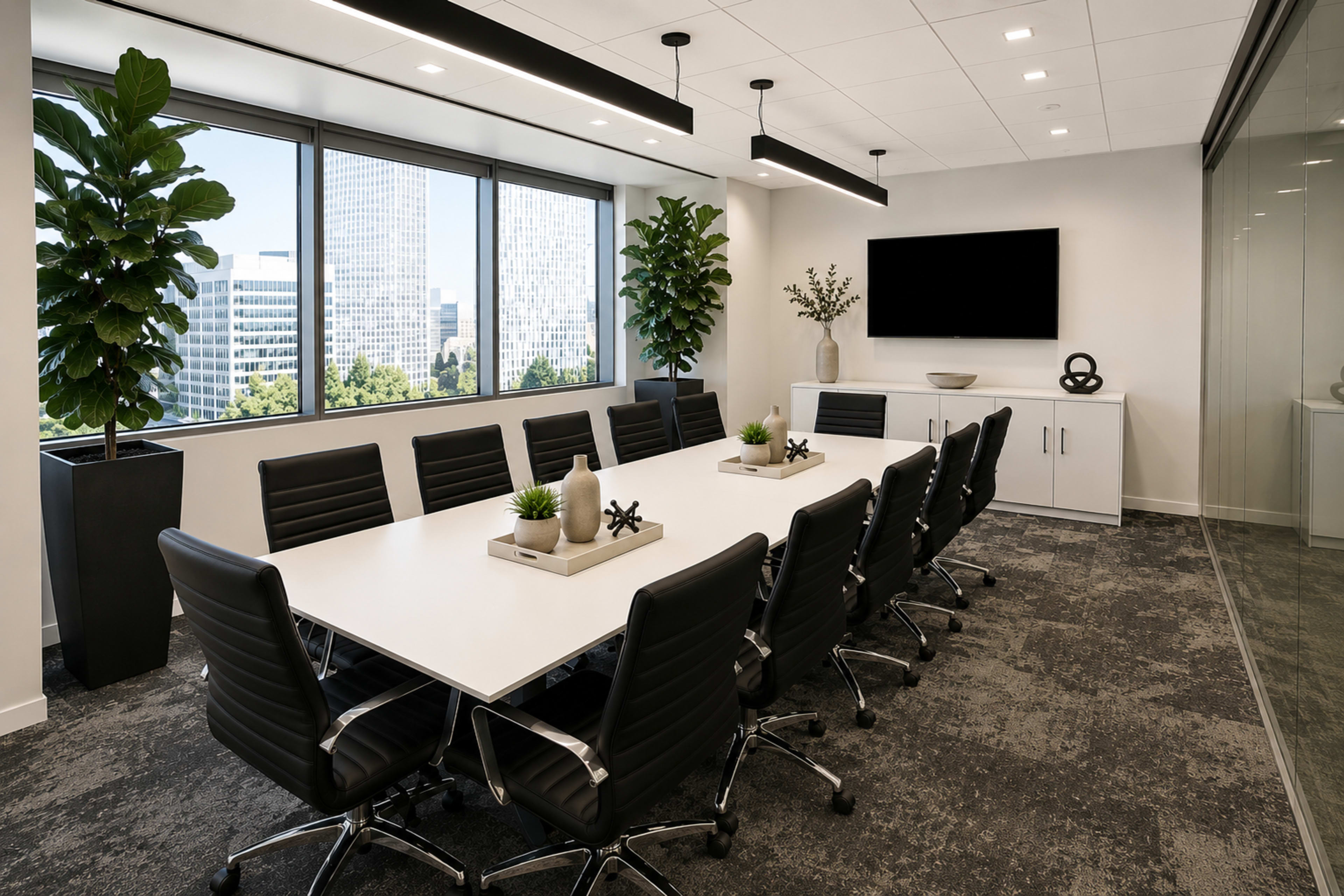 A modern conference room features a long white table surrounded by black chairs and large windows offering a view of the city.