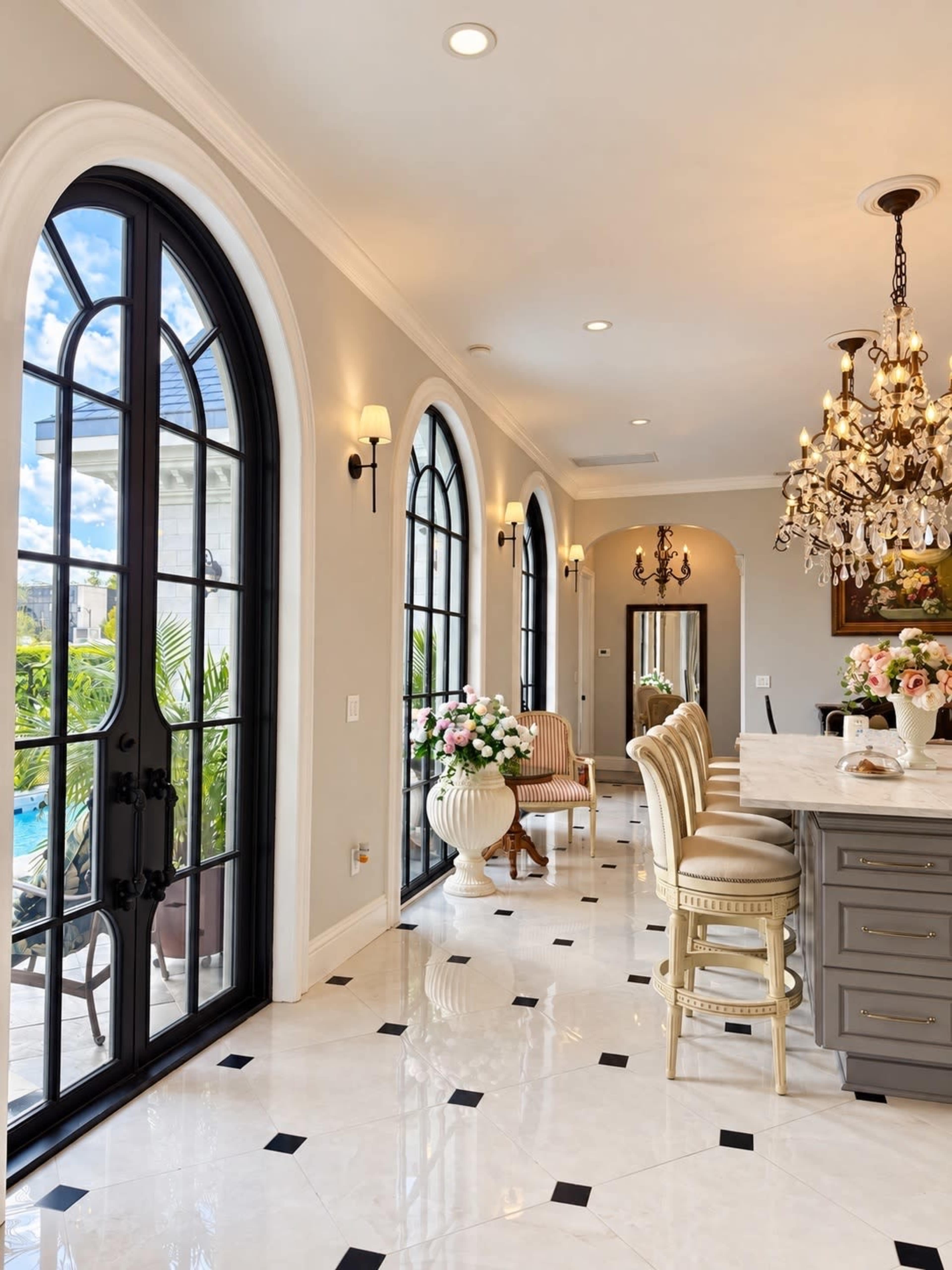 The image shows a bright kitchen area featuring arched windows, a large island with bar stools, and a chandelier, with floral arrangements and ornate decor visible throughout.