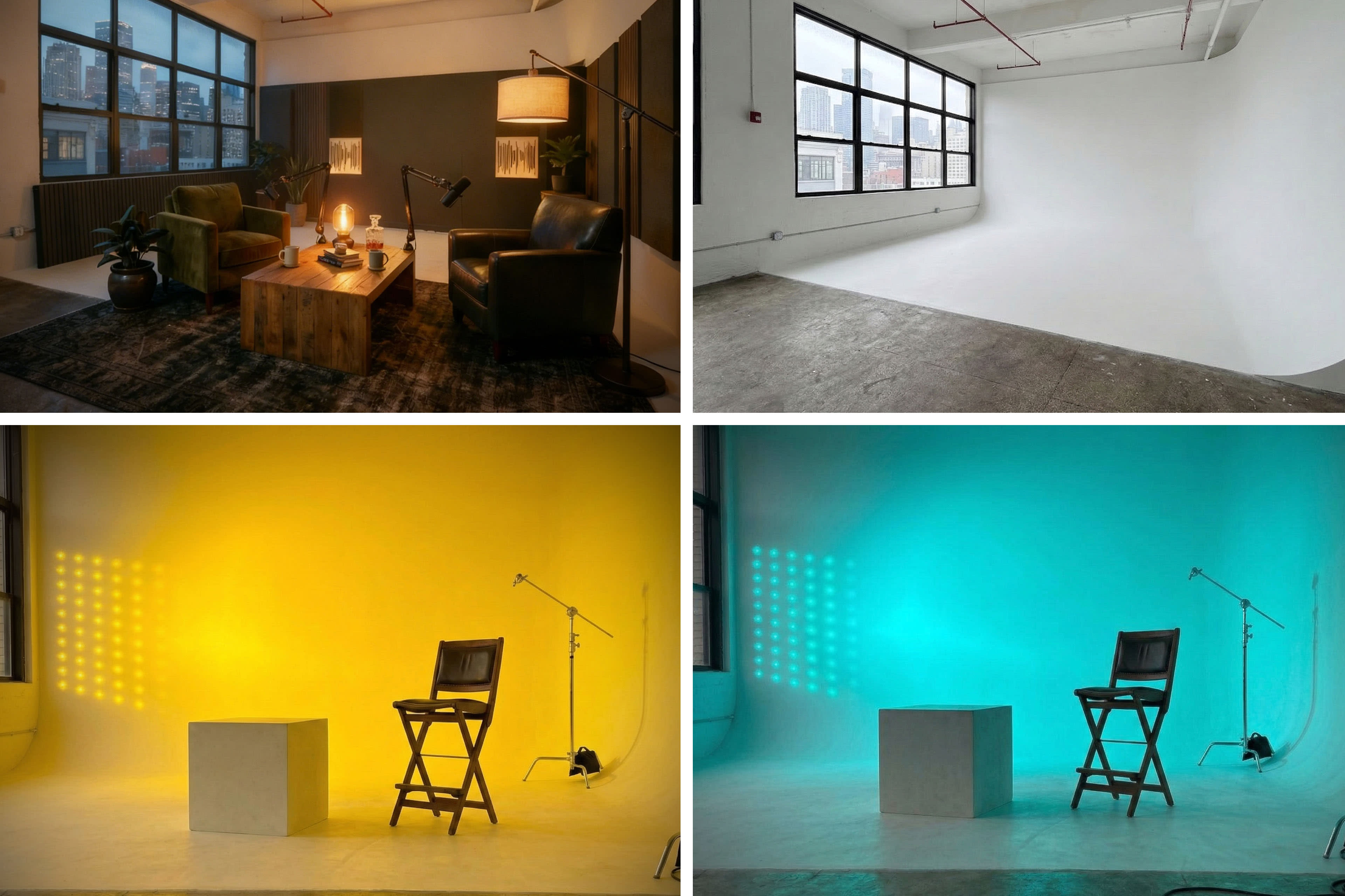 The image features four different studio settings: the top left shows a cozy living area with chairs and a wooden table; the top right displays a blank white studio space; the bottom left presents a yellow backdrop with a chair and a light; and the bottom right features a turquoise backdrop with a chair and lighting