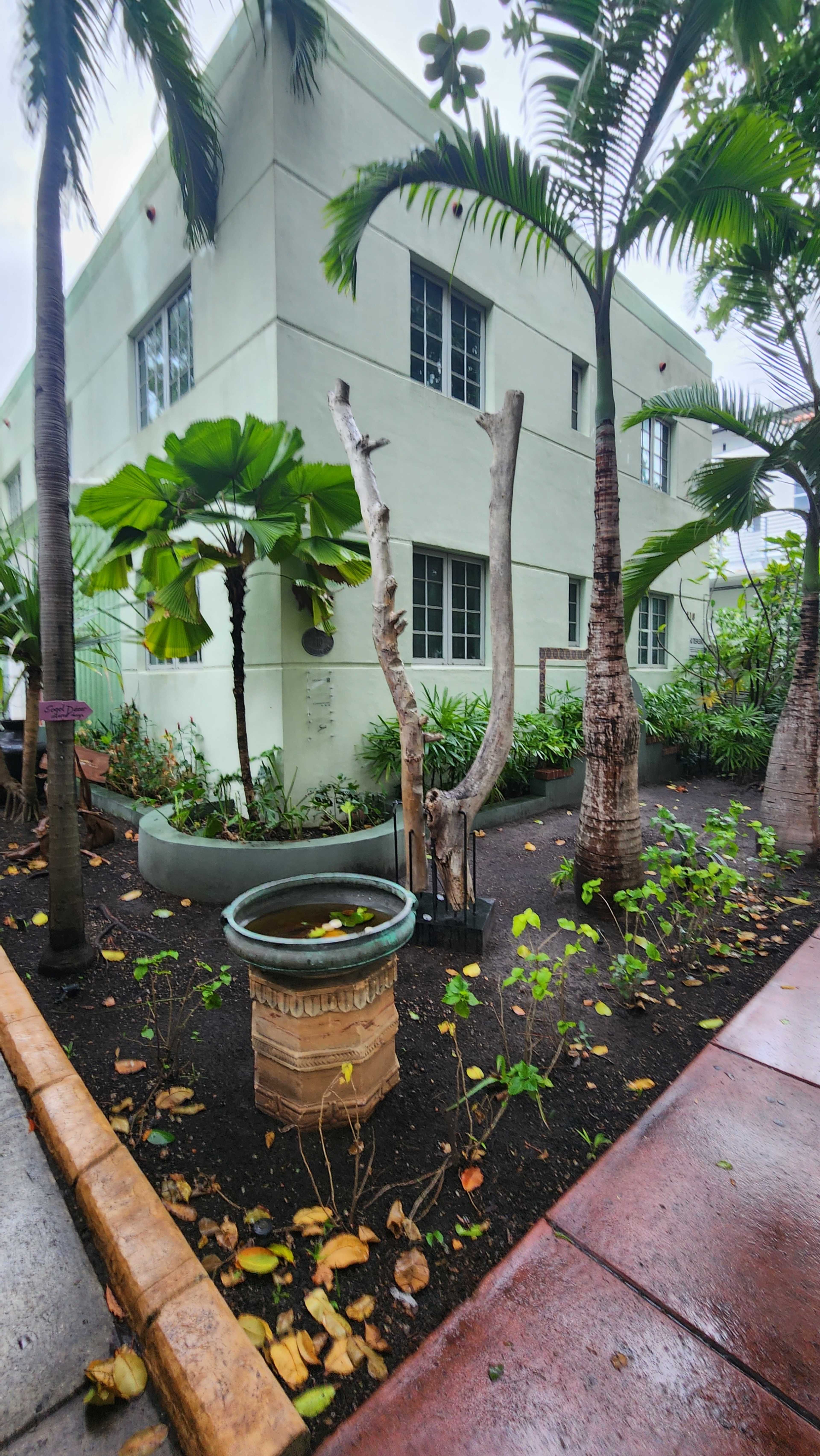 The image shows a green building surrounded by tropical plants, with a round stone basin in the foreground.