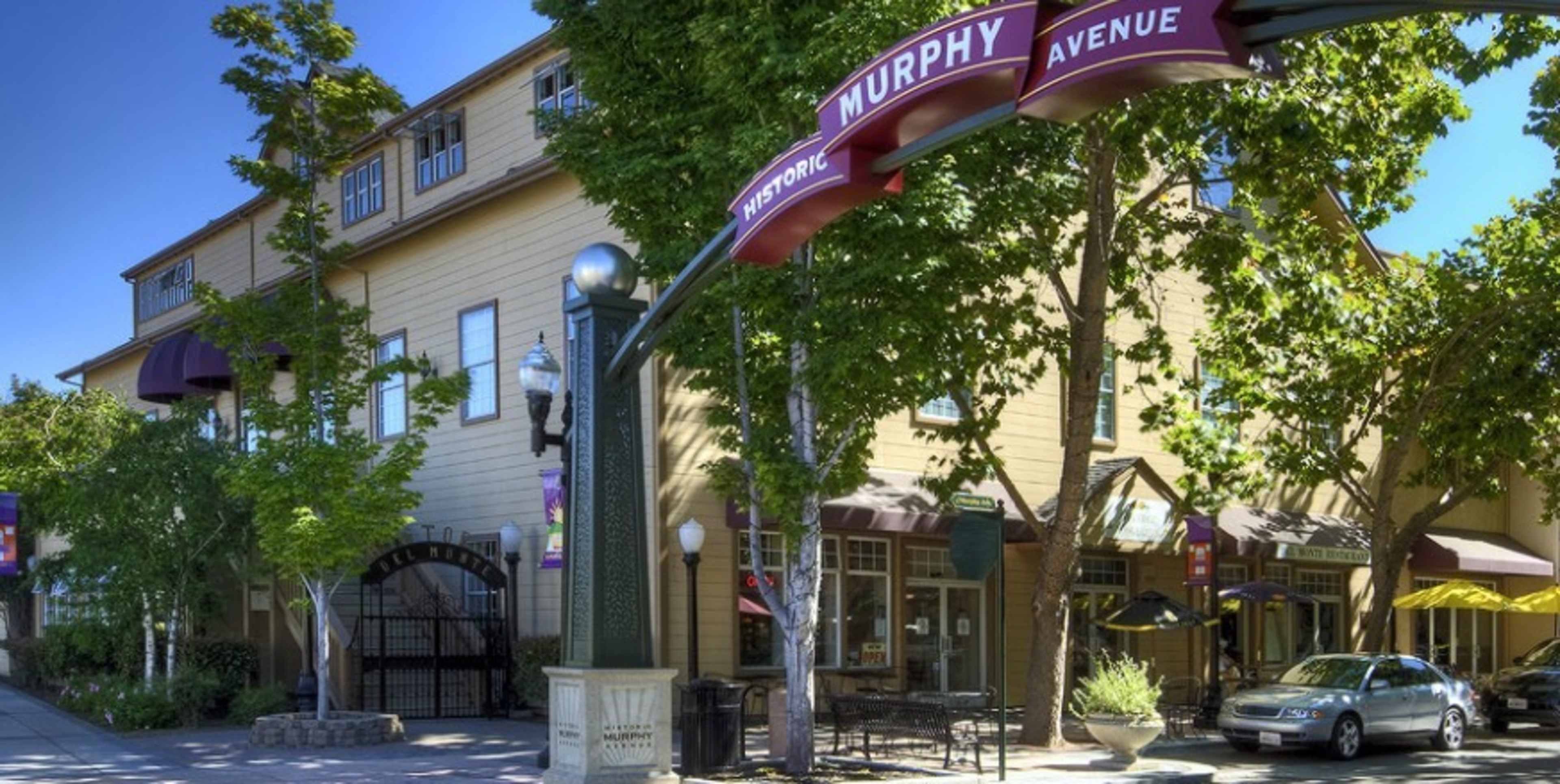 A street scene on Murphy Avenue featuring a historic building with outdoor seating and trees lining the walkway.