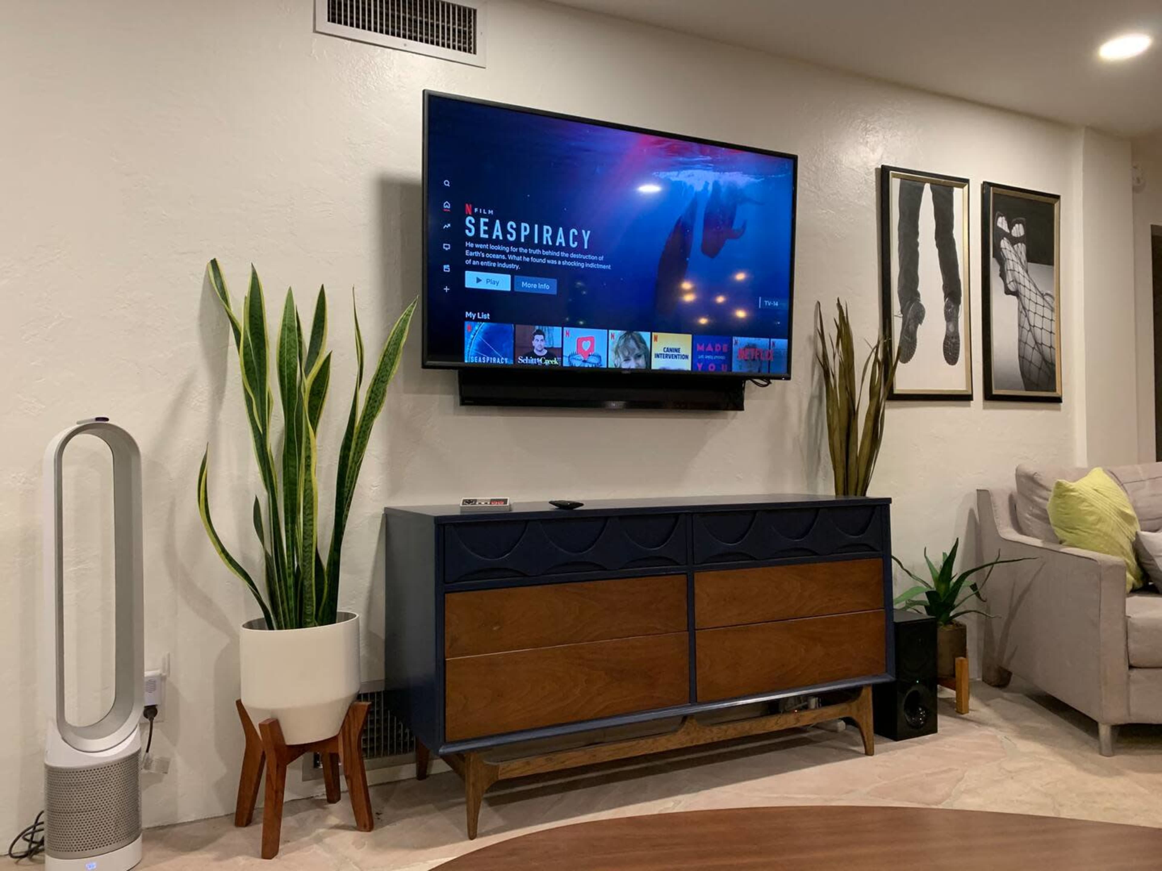 A living room features a mounted television displaying "Seaspiracy" above a wooden media console, with potted plants on either side and artwork on the wall.