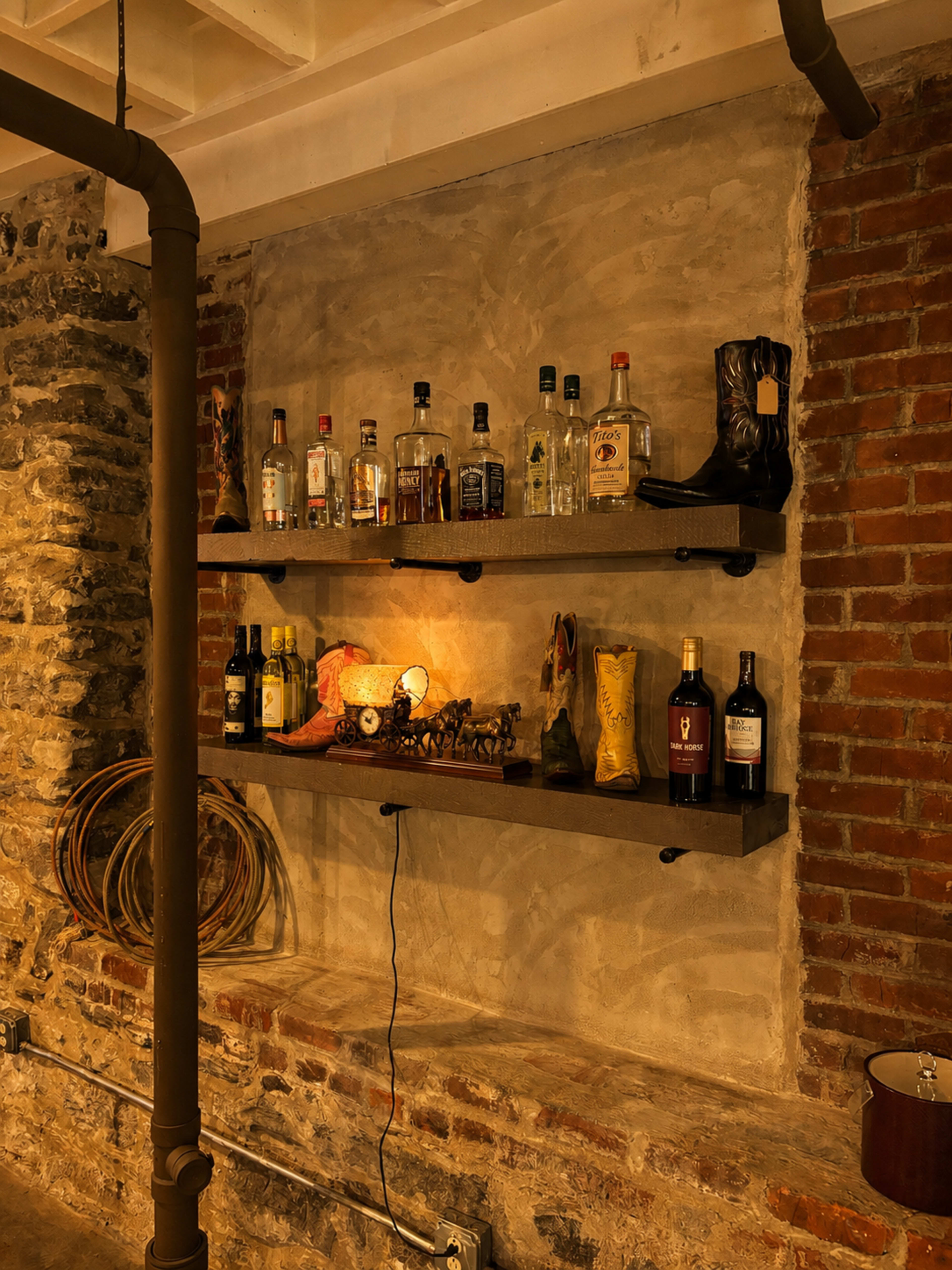 The image shows a rustic bar area with two wooden shelves displaying various bottles of liquor and decorative items against a brick and stone wall.