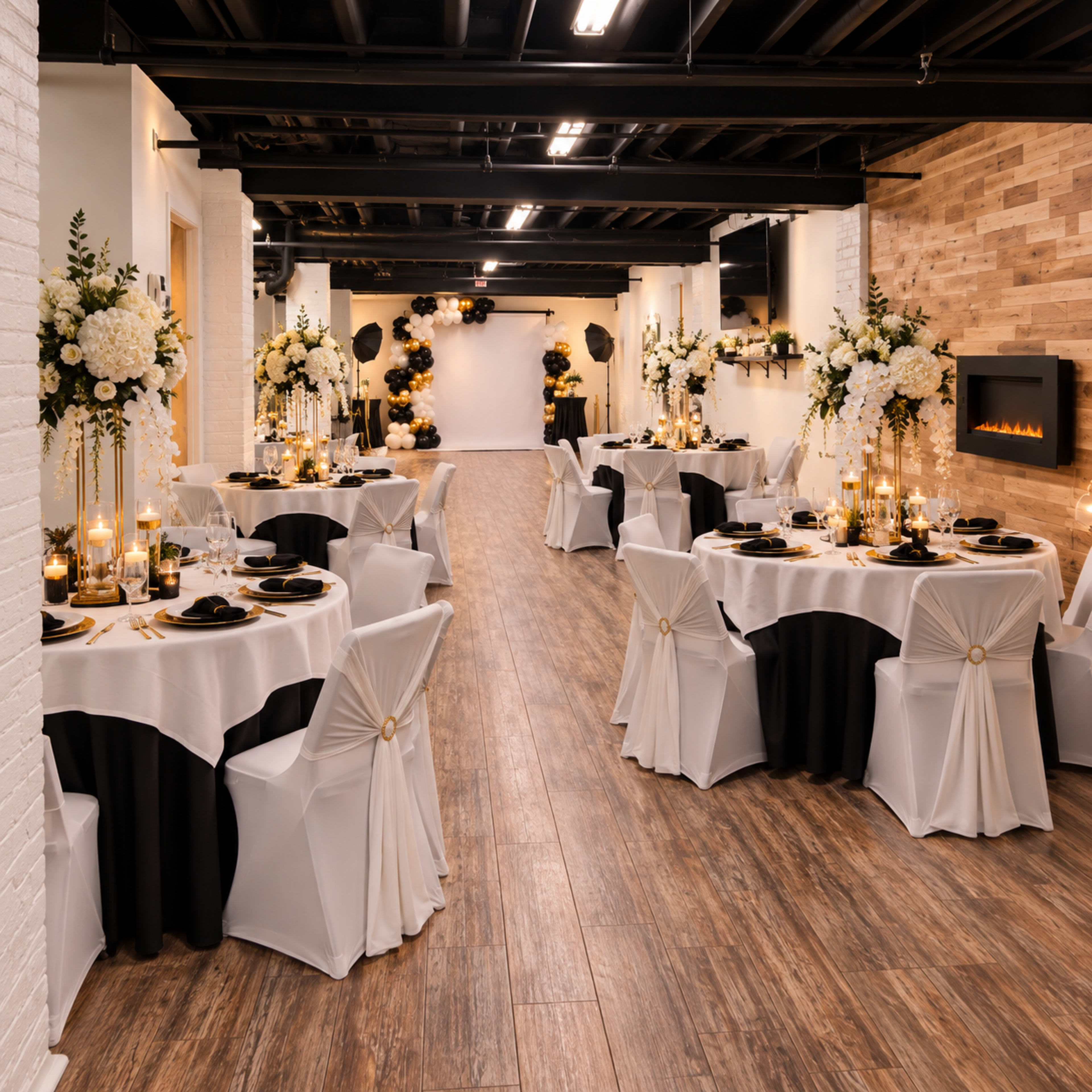 The image shows a decorated event space featuring round tables covered in black and white tablecloths, adorned with floral centerpieces and candles, surrounded by white chairs.