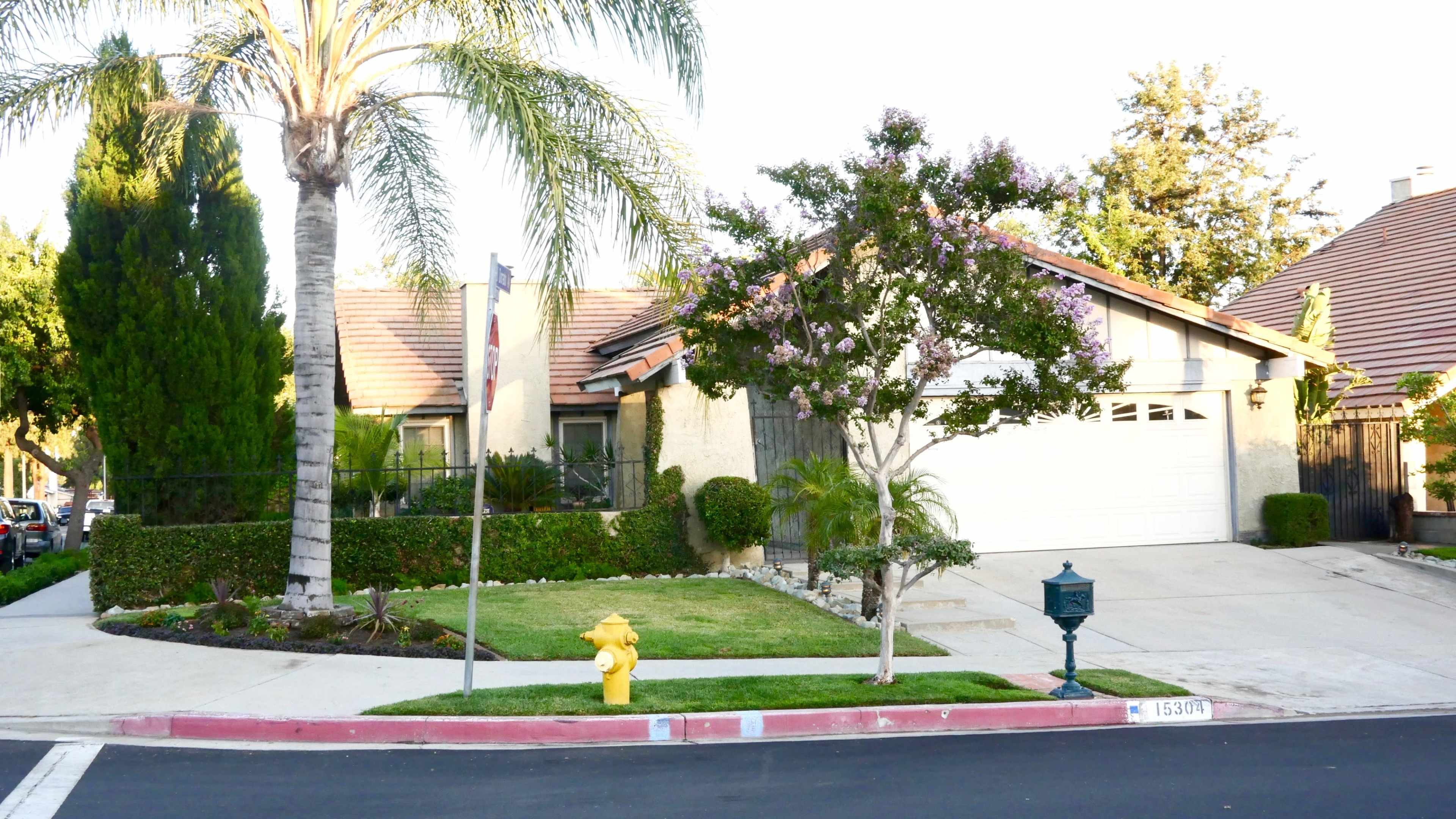 A residential property features a garage, landscaped front yard, and a yellow fire hydrant near the curb.