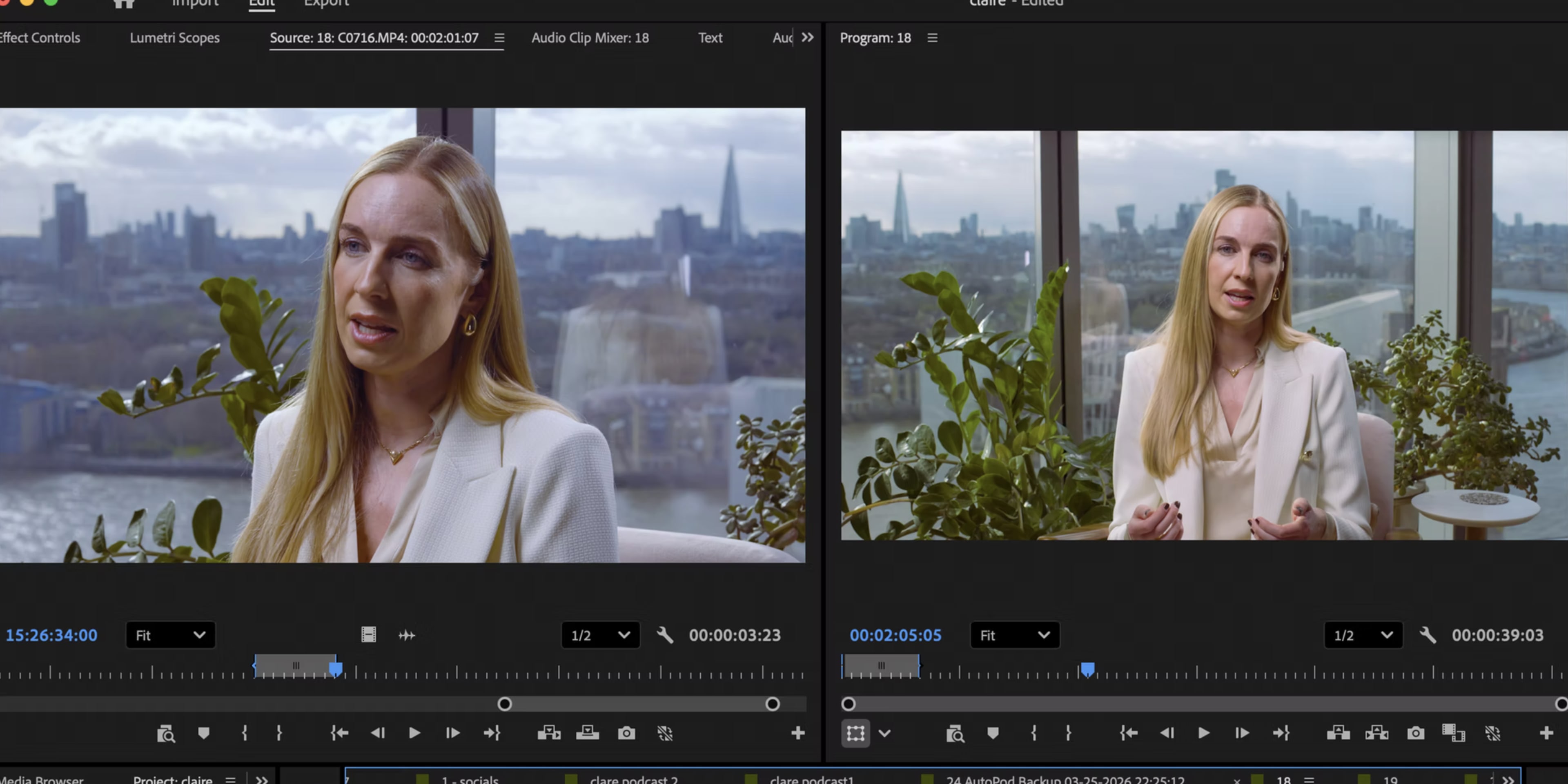 The image shows a split-screen display of a woman speaking in two different video segments, with a city skyline visible in the background on both sides.