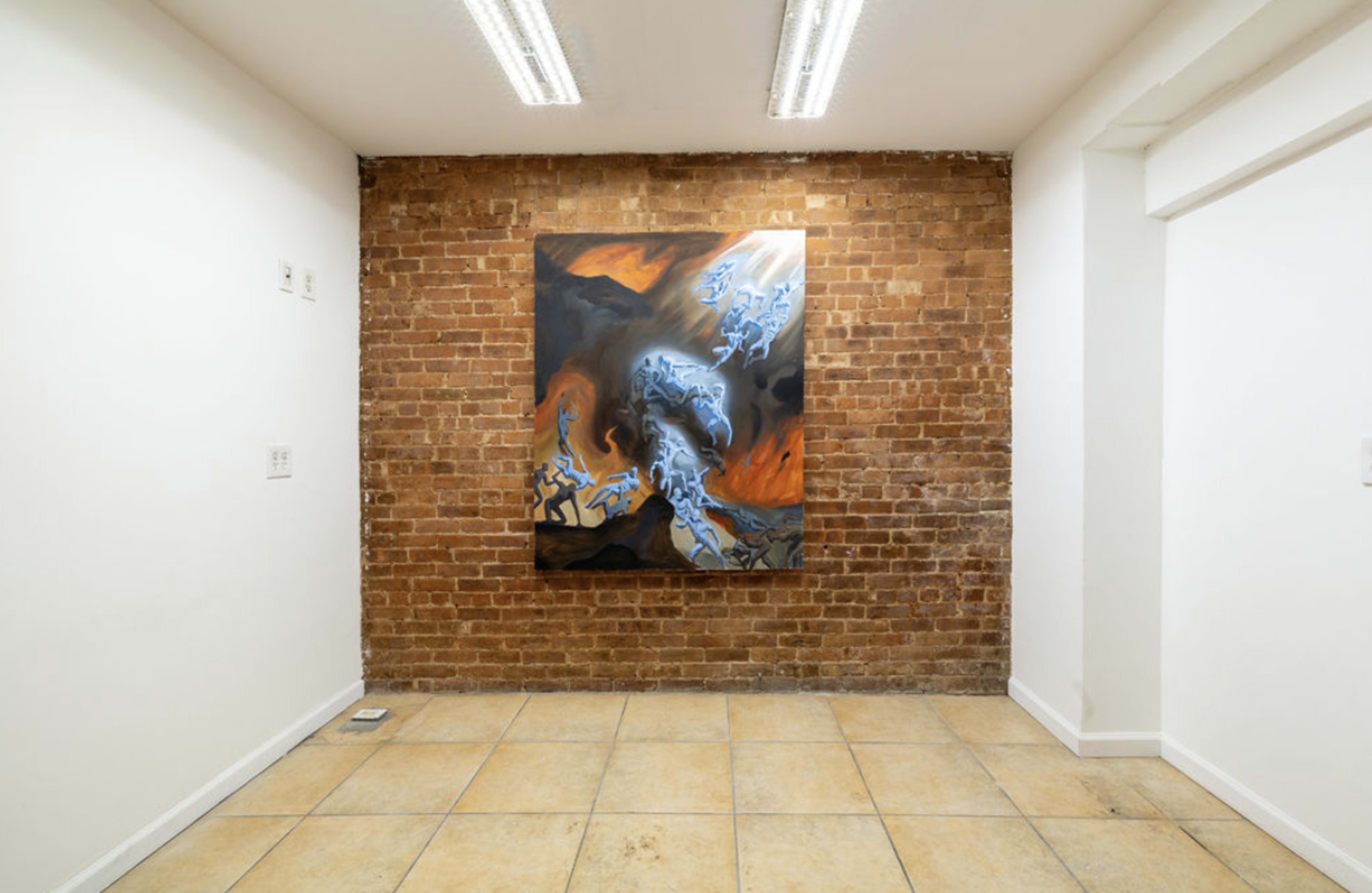 An art gallery with a brick wall featuring a large abstract painting, and tiled flooring.