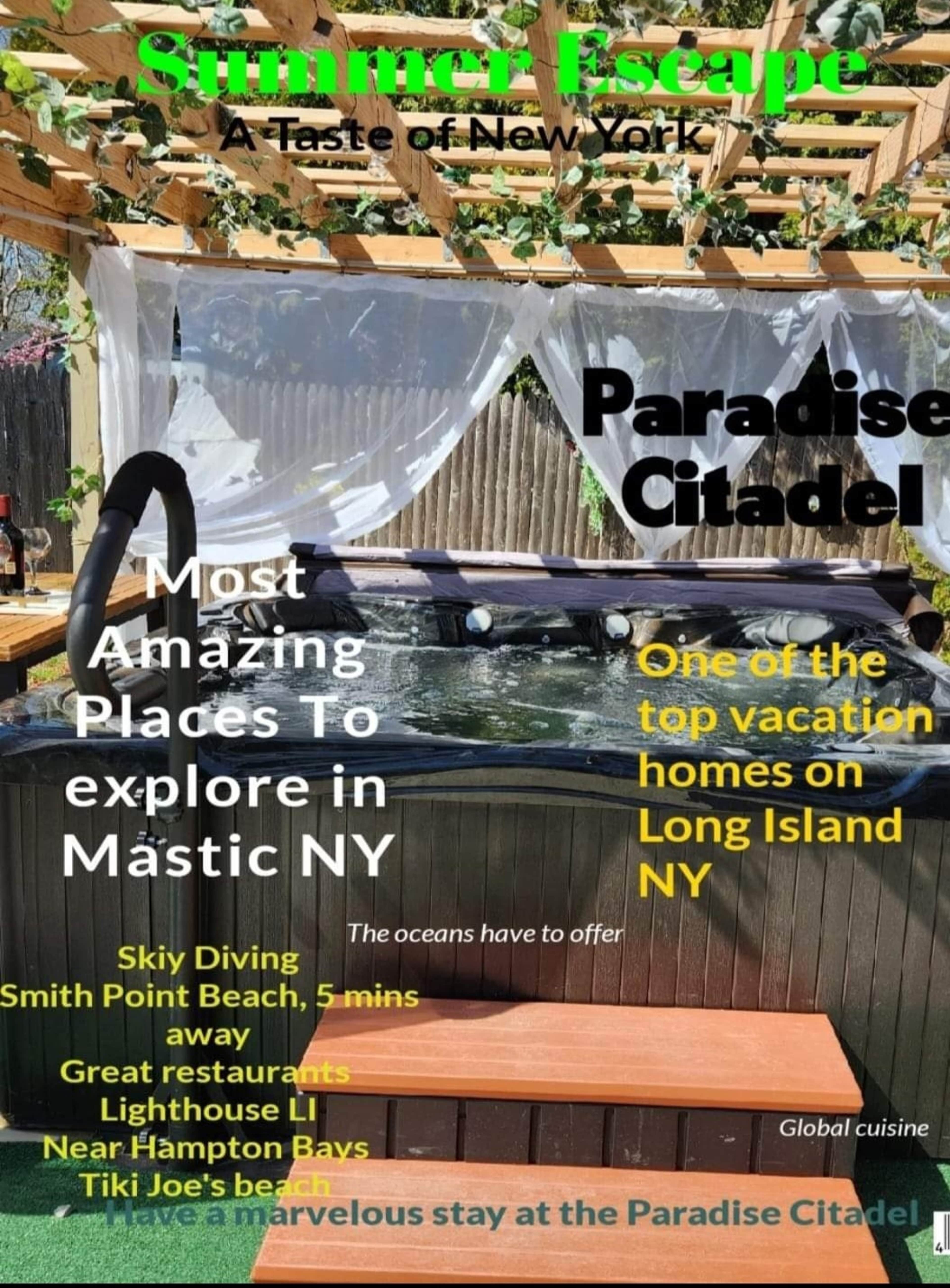 A promotional poster for "Paradise Citadel," highlighting vacation attractions in Mastic, NY, including a hot tub, nearby beaches, and various amenities.