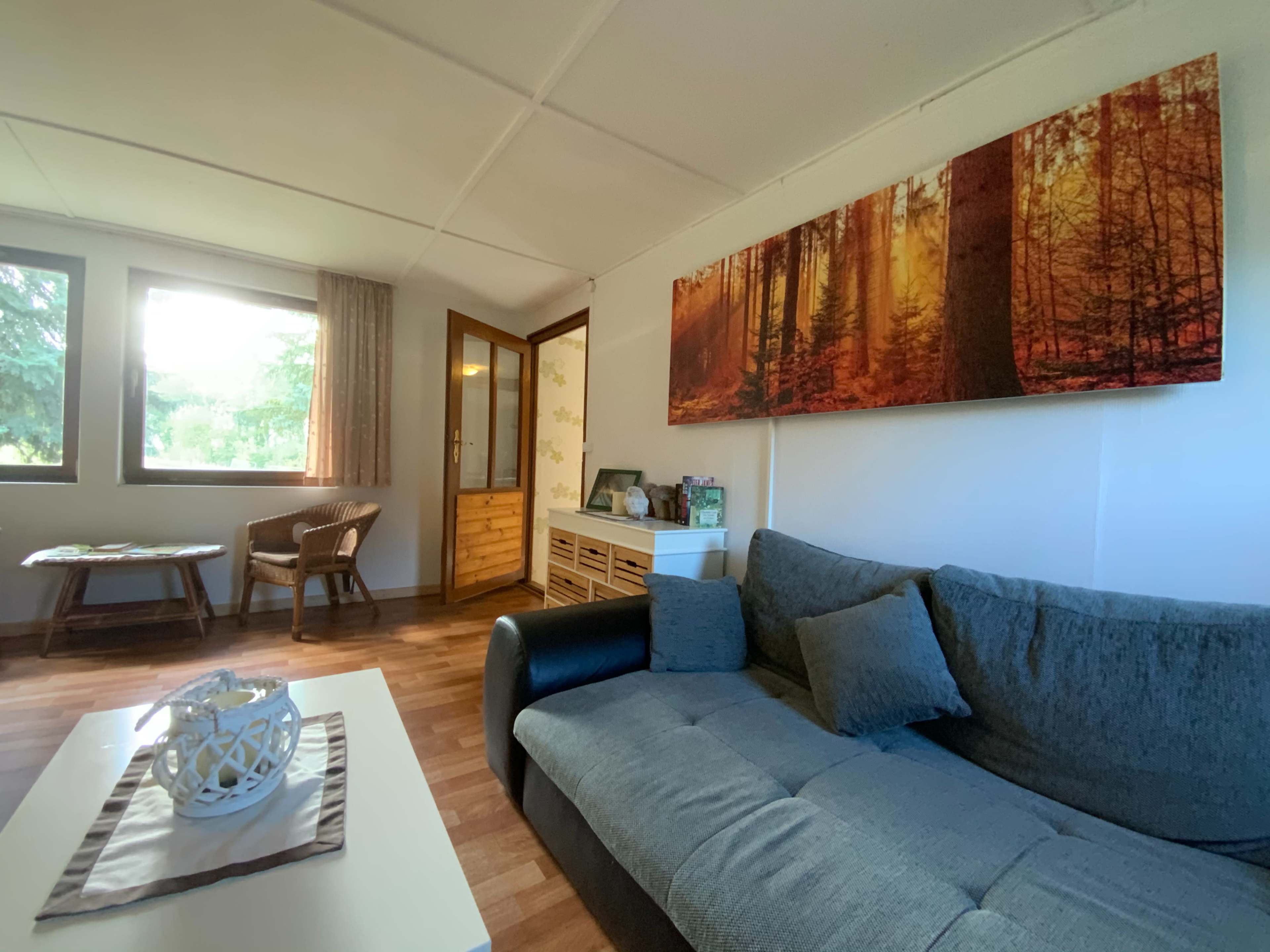 The image shows a cozy living room with a gray sofa, a white coffee table, and a large nature-themed artwork on the wall.