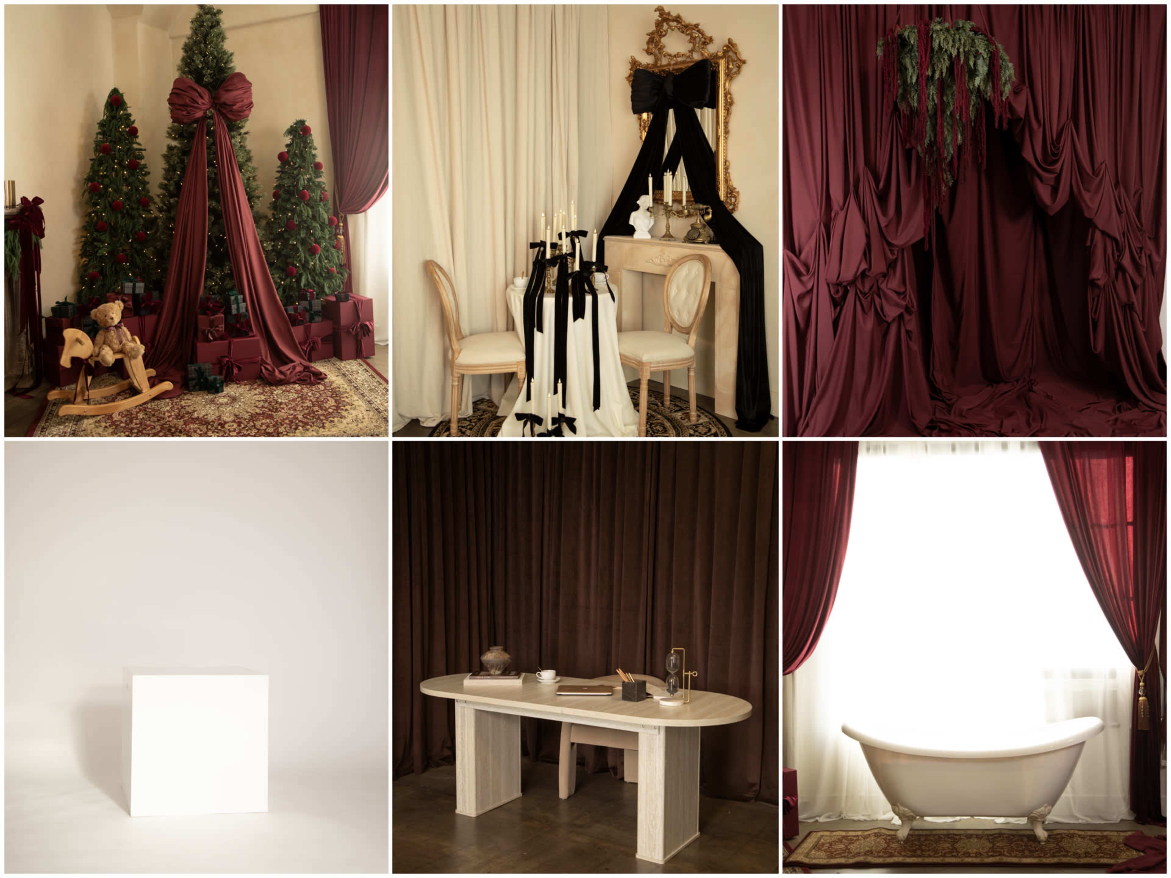 The image shows a collage of six scenes featuring decorated rooms with varying color schemes, Christmas trees, elegant table settings, and distinct drapery styles.
