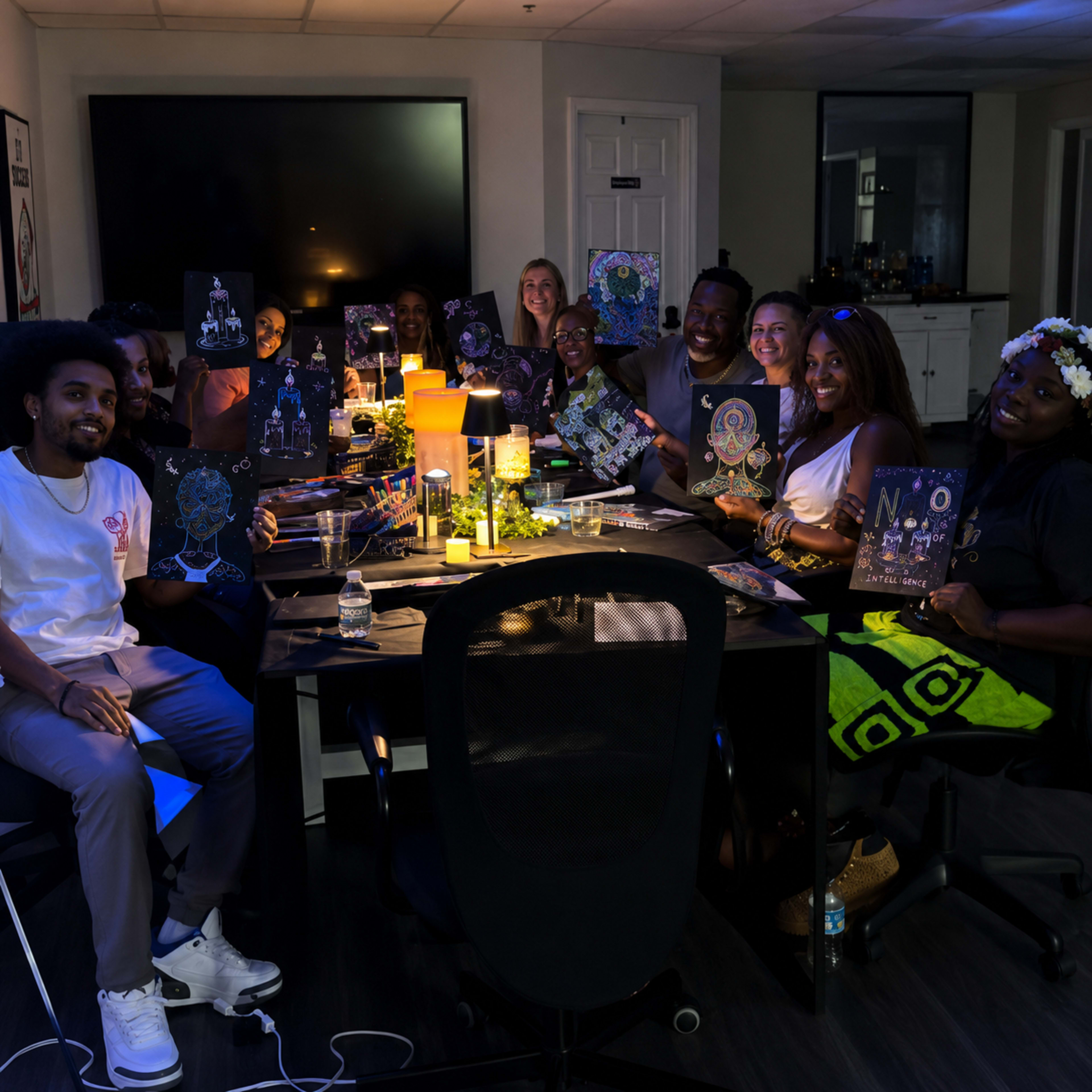 A group of ten people sit around a conference table, holding up artwork and engaged in a creative gathering in a well-lit office space.