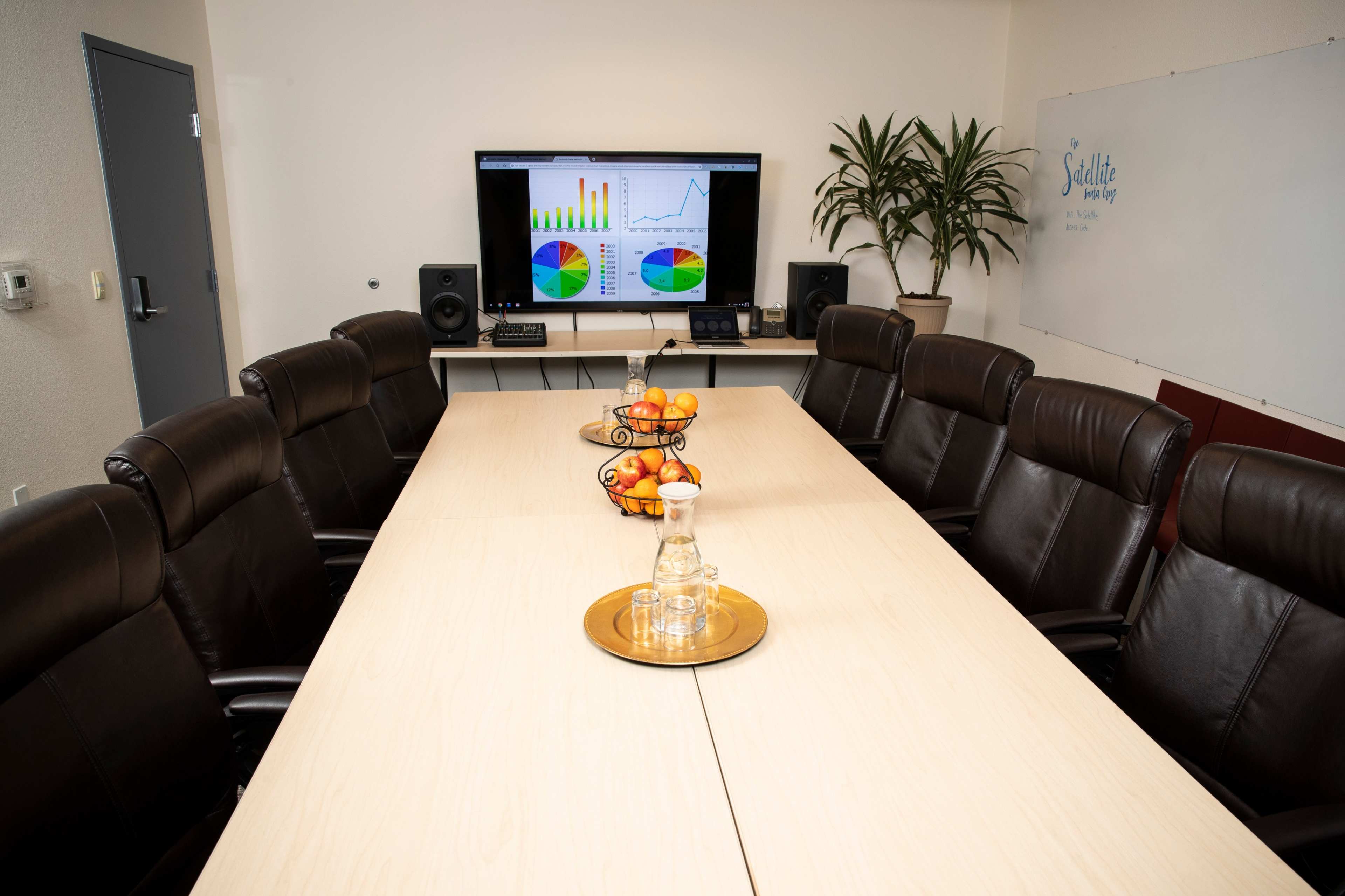 A conference room features a long table surrounded by black leather chairs, a presentation screen displaying colorful graphs, and a centerpiece of oranges on a tray.