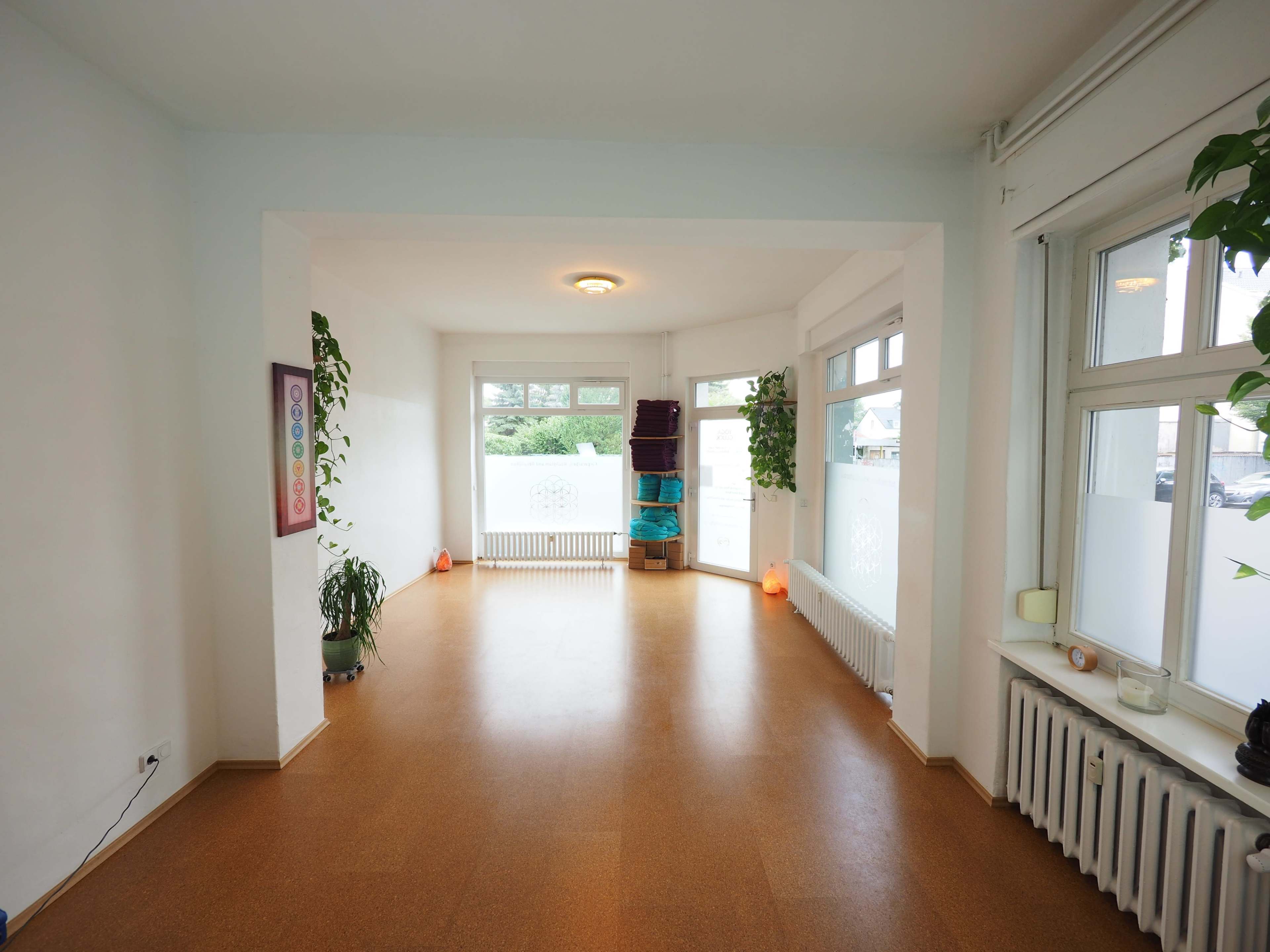 The image shows a spacious, empty room with large windows, plants, and light-colored walls, featuring a smooth cork floor and soft lighting.