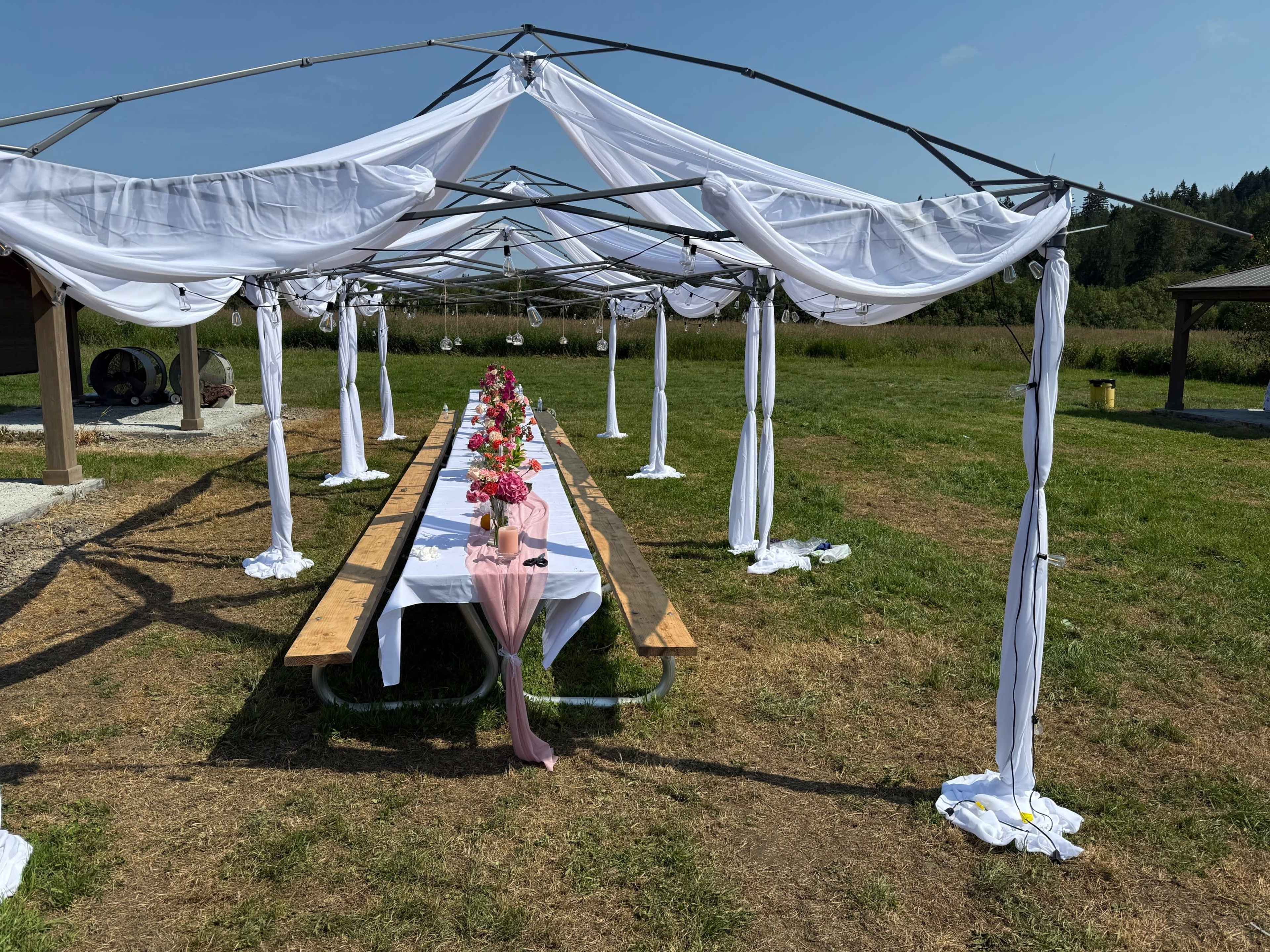 A tent structure is set up outdoors with a long table decorated with flowers and draped fabric.